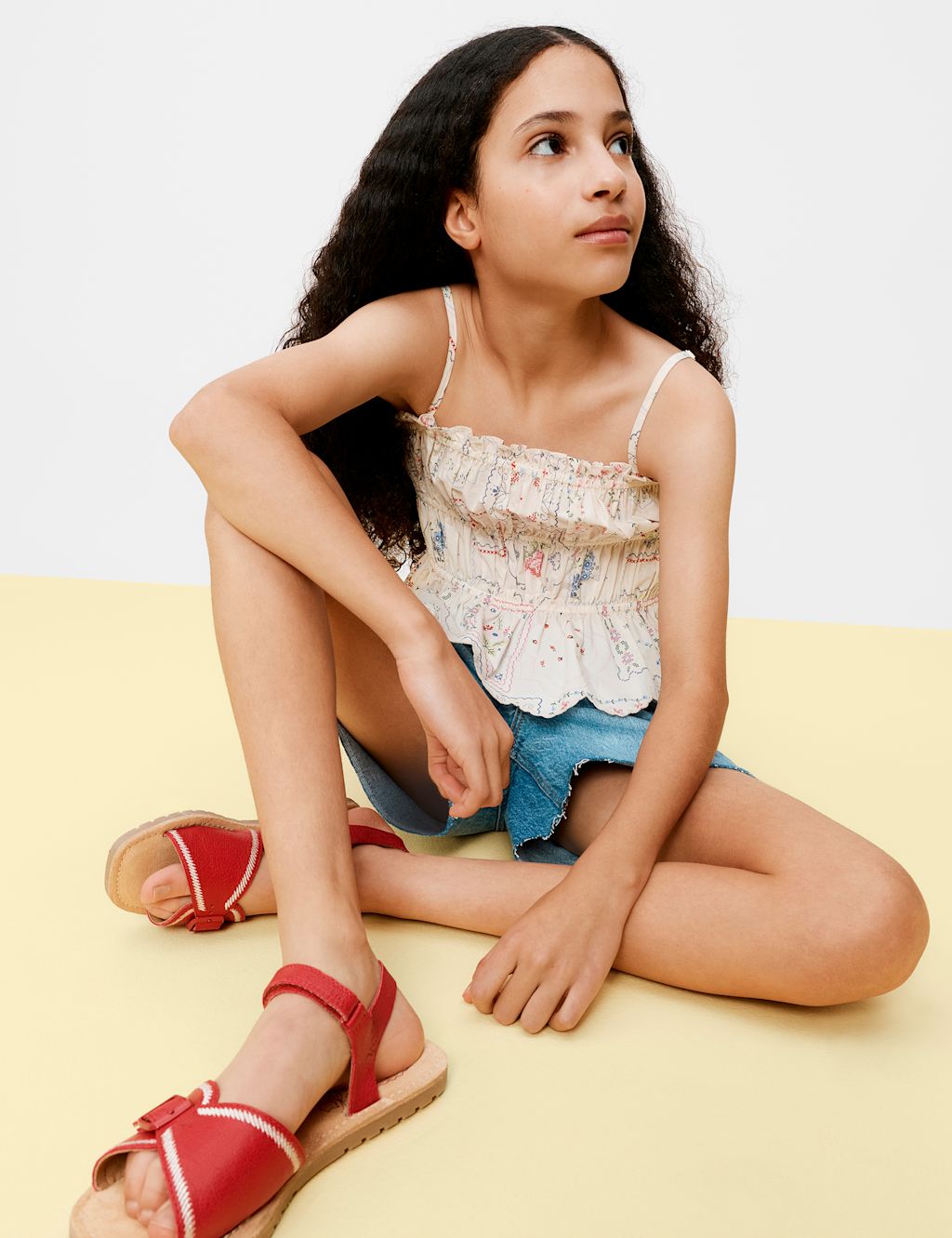 M&S Cotton Rich Shirred Cami Vest Top (6-16 Yrs) - 12-13 Years - Ecru Mix, Ecru Mix
