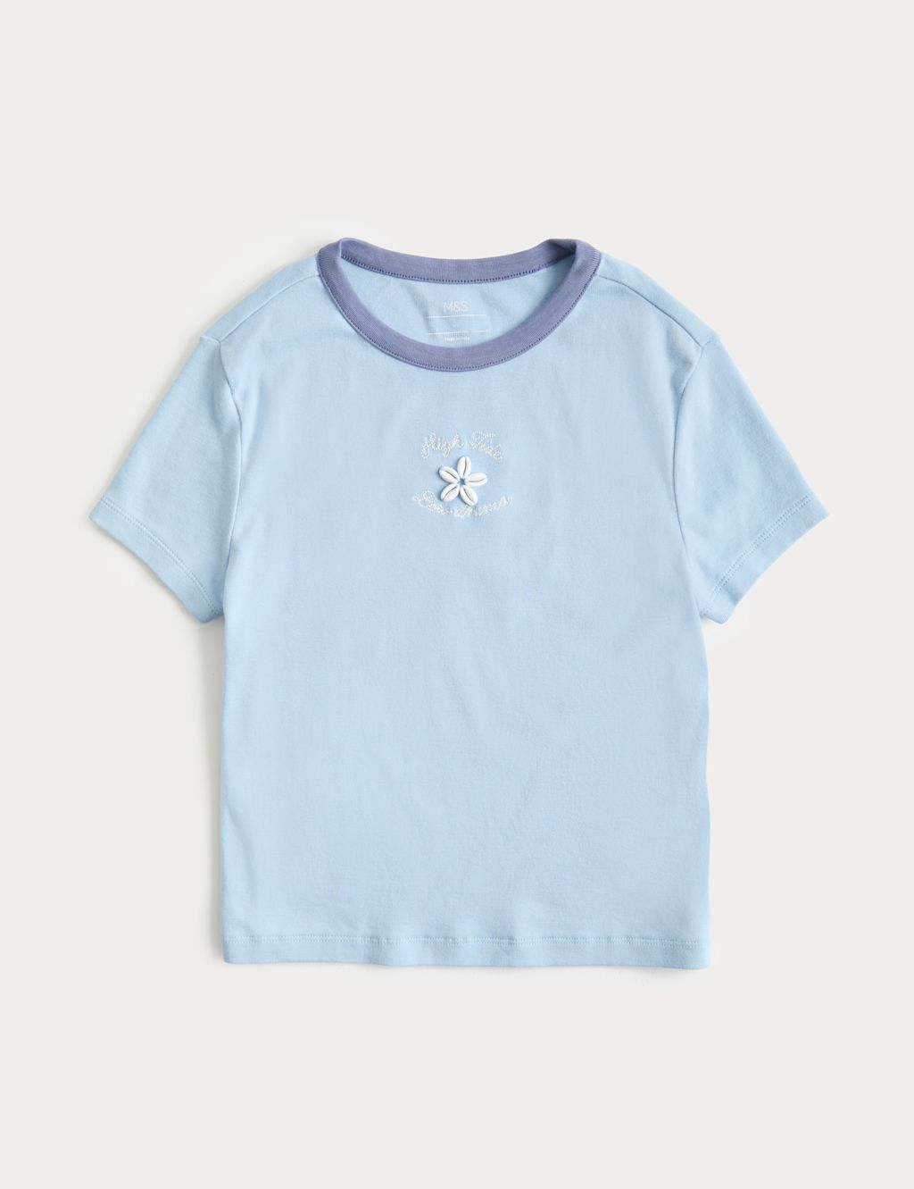 M&S Cotton Rich Beaded Graphic T-Shirt (6-16 Yrs) - 14-15 Years - Powder Blue, Powder Blue