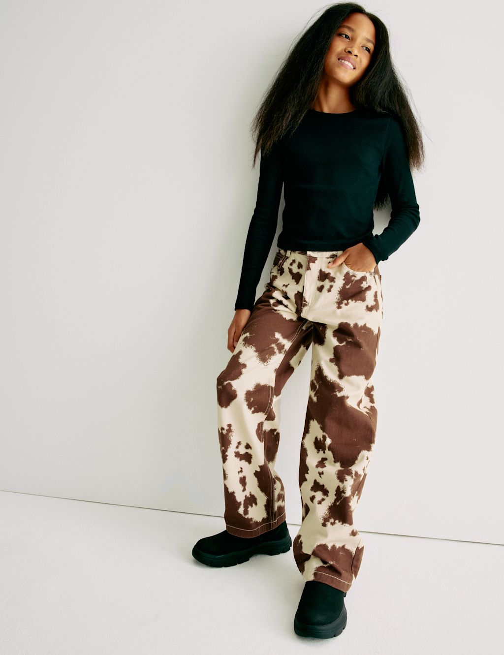 M&S Pure Cotton Wide Leg Animal Print Jeans (6-16 Yrs) - 10-11 - Multi, Multi