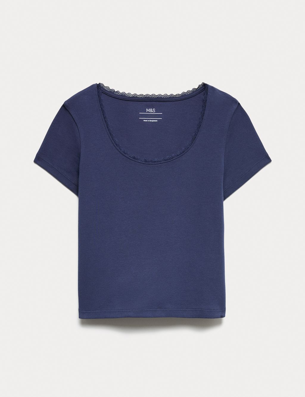 M&S Cotton Rich Lace Trim Fitted Crop T-Shirt (6-16 Yrs) - 10-11 Years - Navy, Navy