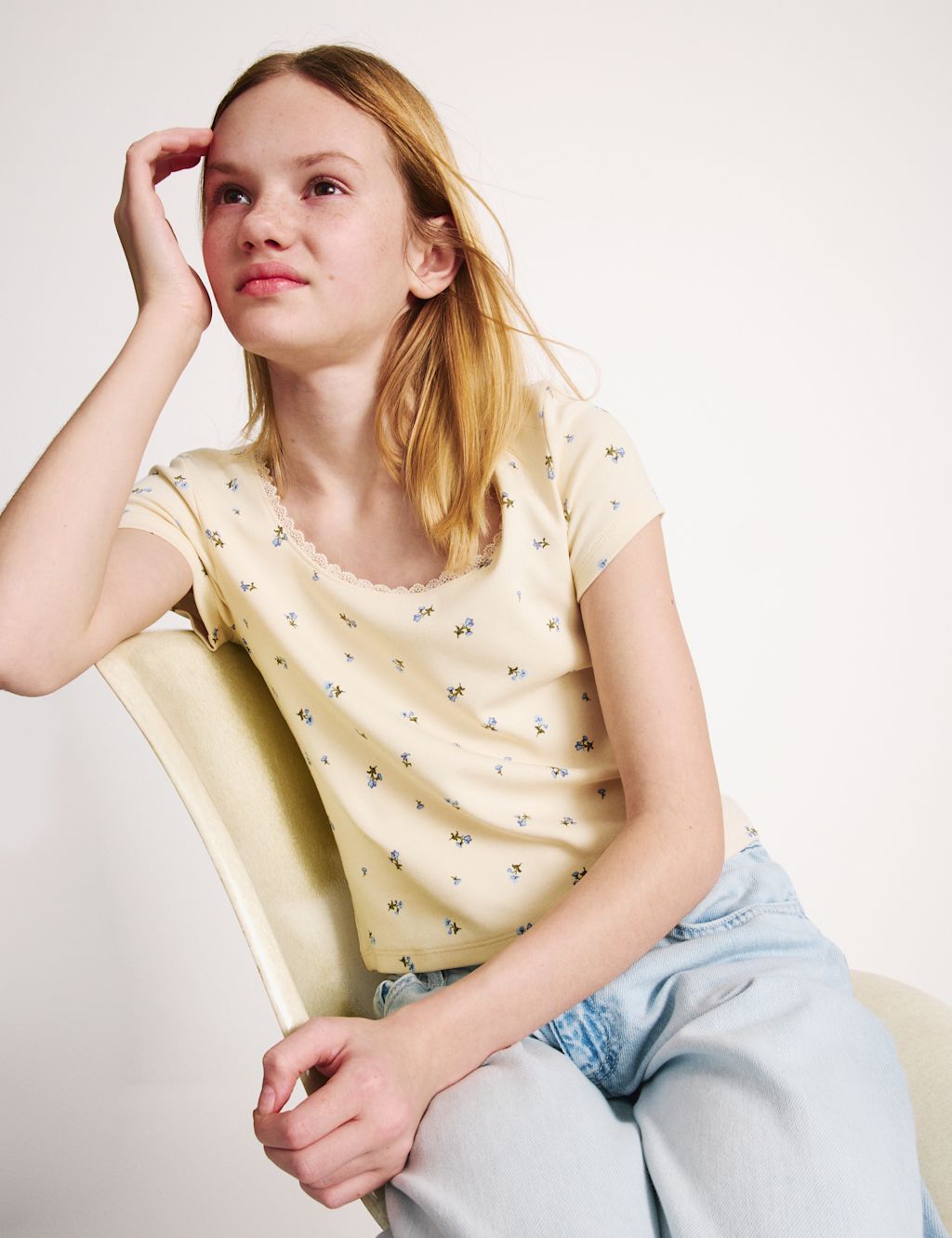 M&S Cotton Rich Lace Trim Fitted Crop T-Shirt (6-16 Yrs) - 10-11 Years - Ecru Mix, Ecru Mix