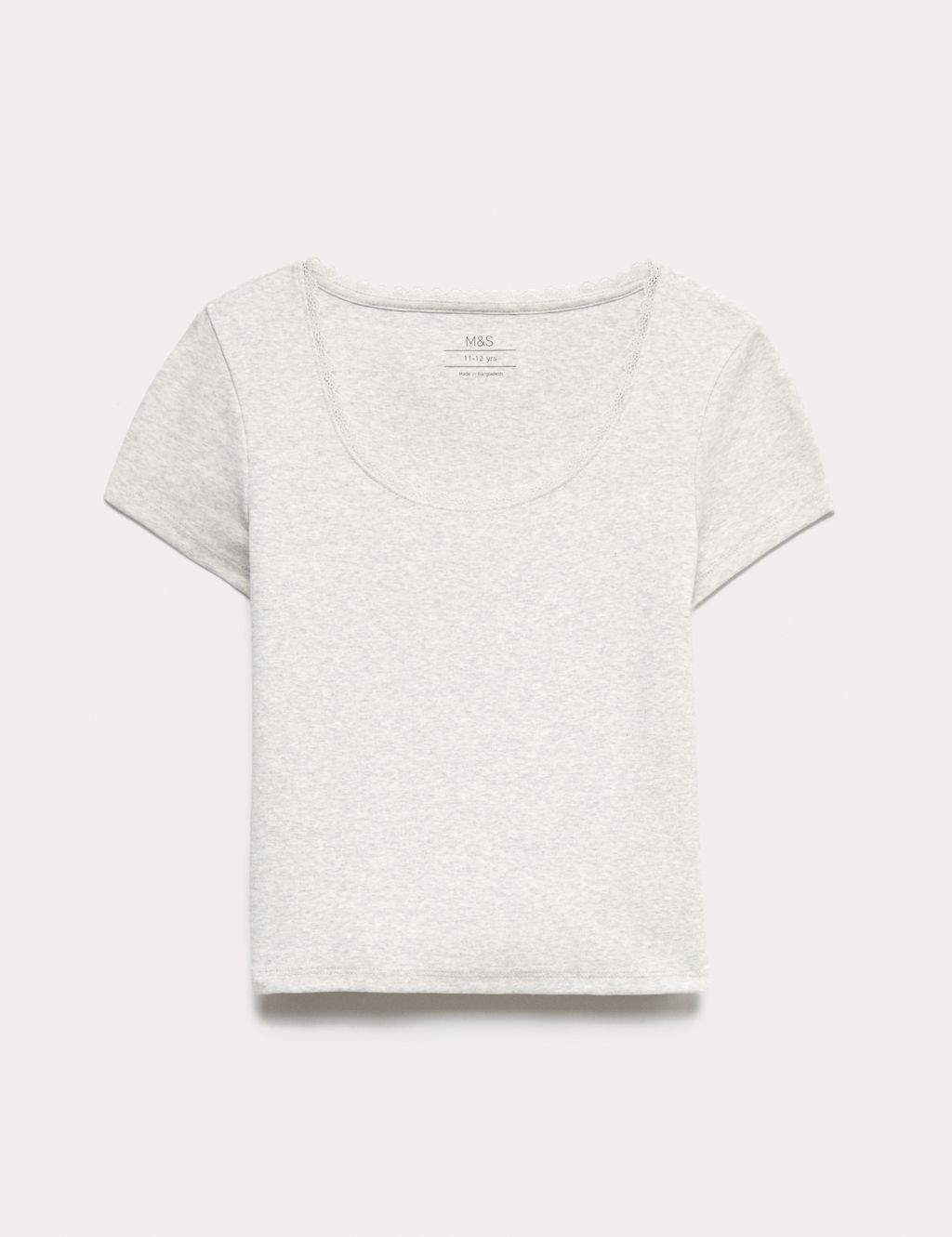 M&S Cotton Rich Lace Trim Fitted Crop T-Shirt (6-16 Yrs) - 6-7 Years - Grey Marl, Grey Marl