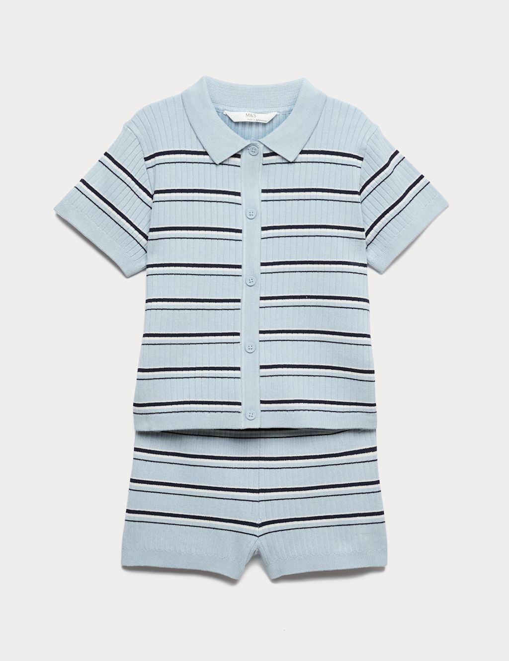 M&S 2 Piece Striped Button Top & Short Outfit (2-16 Yrs) - 10-11 Years - Light Blue Mix, Light Blue Mix