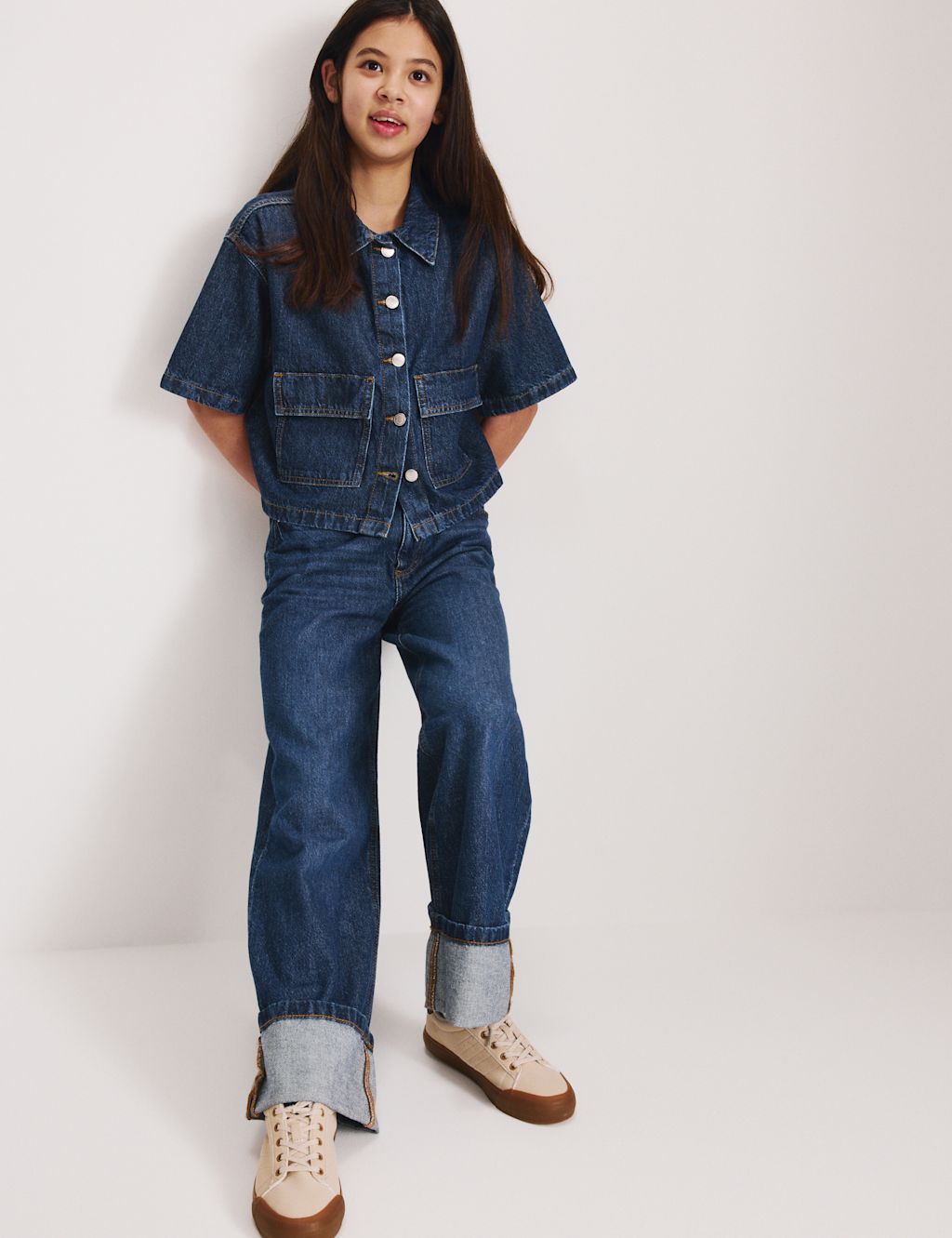 M&S Denim Wide Leg Turn Up Jeans (6-16 Yrs) - 10-11 Years - Dark Denim, Dark Denim