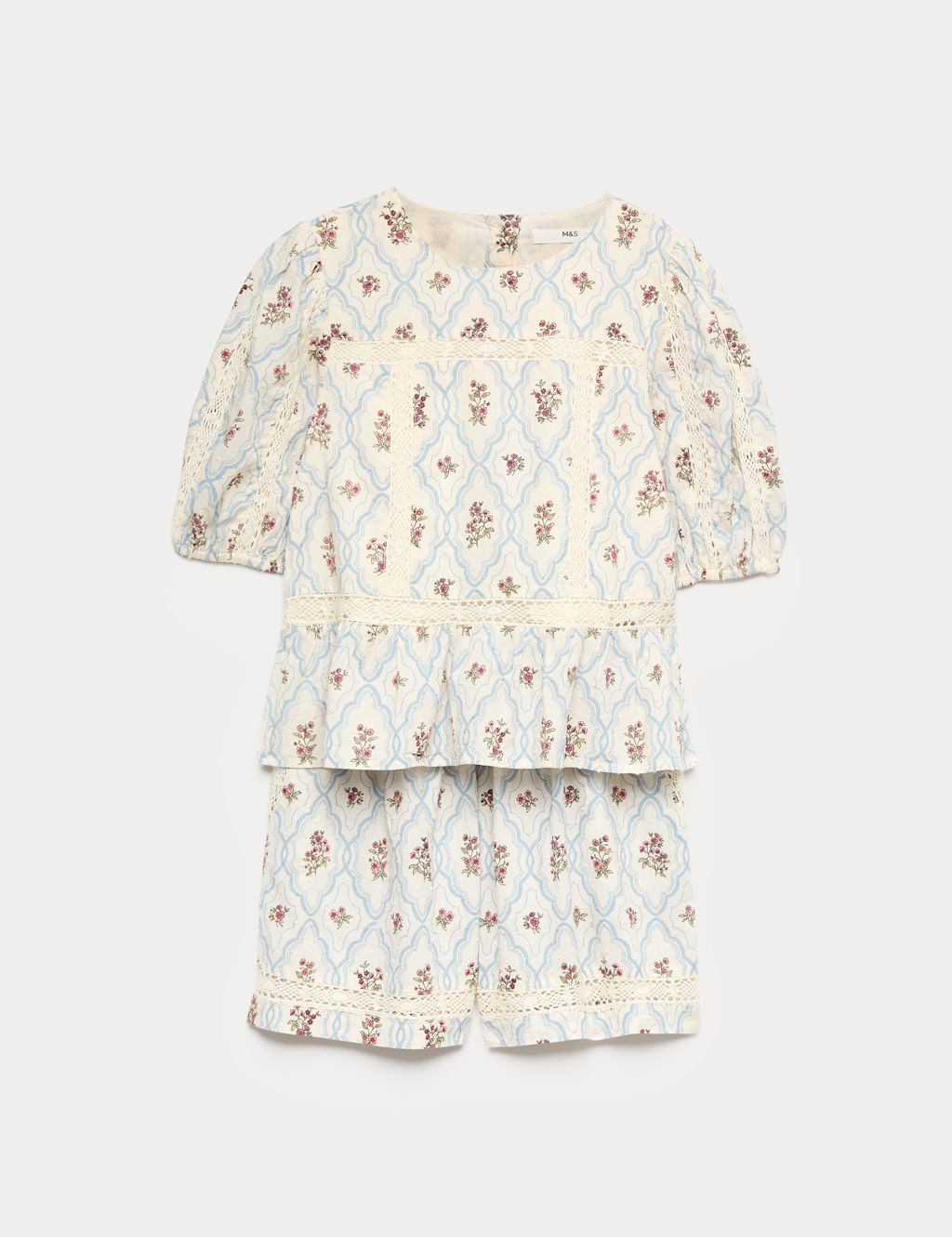M&S 2 Piece Pure Cotton Floral Lace Trim Outfit (6-16 Yrs) - 10-11 Years - Ecru Mix, Ecru Mix