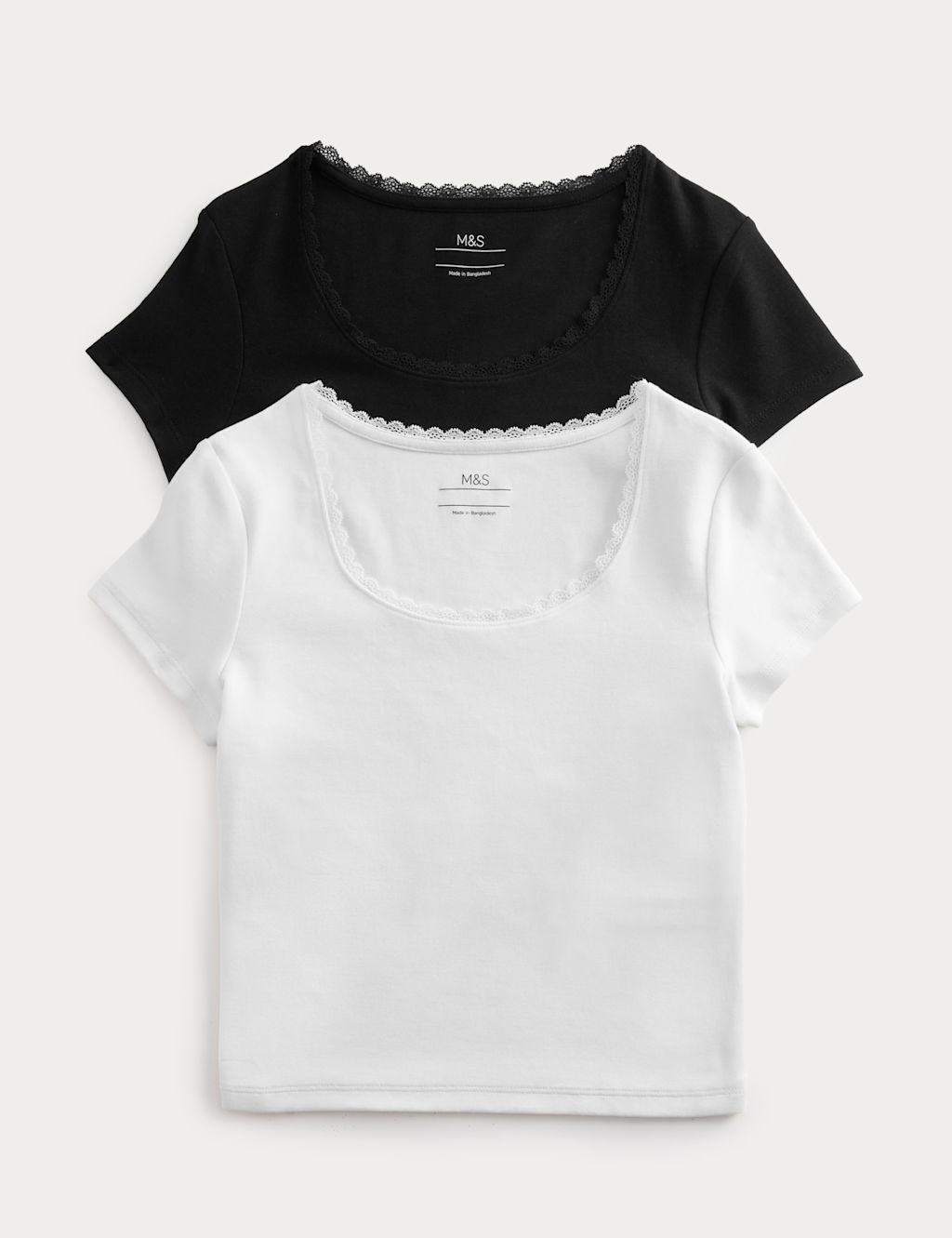 M&S 2 Pack Cotton Rich Lace Trim Baby T-Shirts (6-16 Yrs) - 10-11 Years - Black Mix, Black Mix