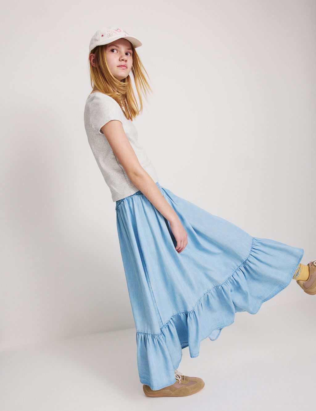 M&S Lyocell Shirred Maxi Skirt (6-16 Yrs) - 10-11 Years - Light Denim, Light Denim