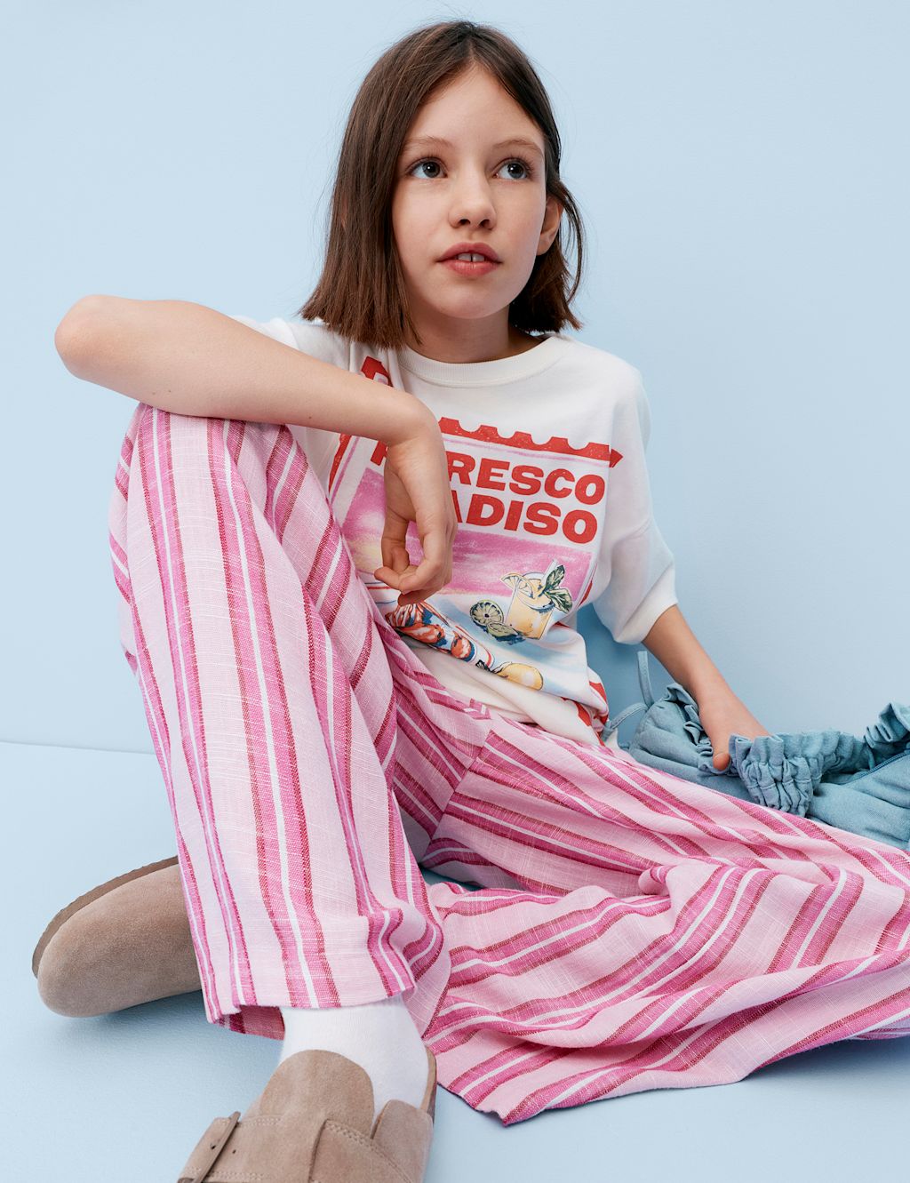 M&S Linen Blend Striped Wide Leg Trousers (6-16 Yrs) - 10-11 Years - Pale Pink, Pale Pink