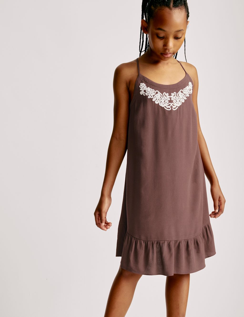 M&S Embroidered Dress (6-16 Yrs) - 10-11 - Chocolate, Chocolate