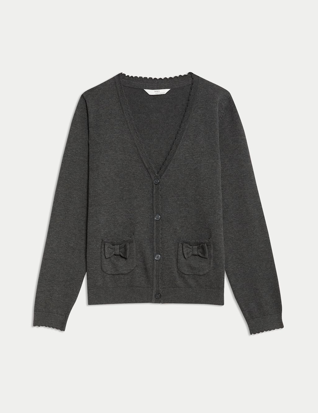 M&S Pure Cotton Bow Pocket Cardigan (3-18 Yrs) - 13-14 - Grey, Grey