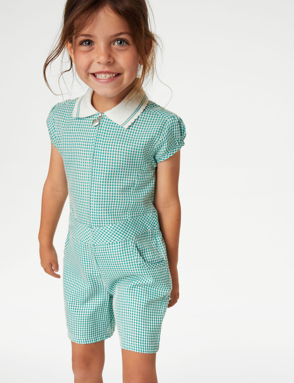 M&S Girls Gingham School Playsuit (2-14 Yrs) - 11-12 - Green, Green
