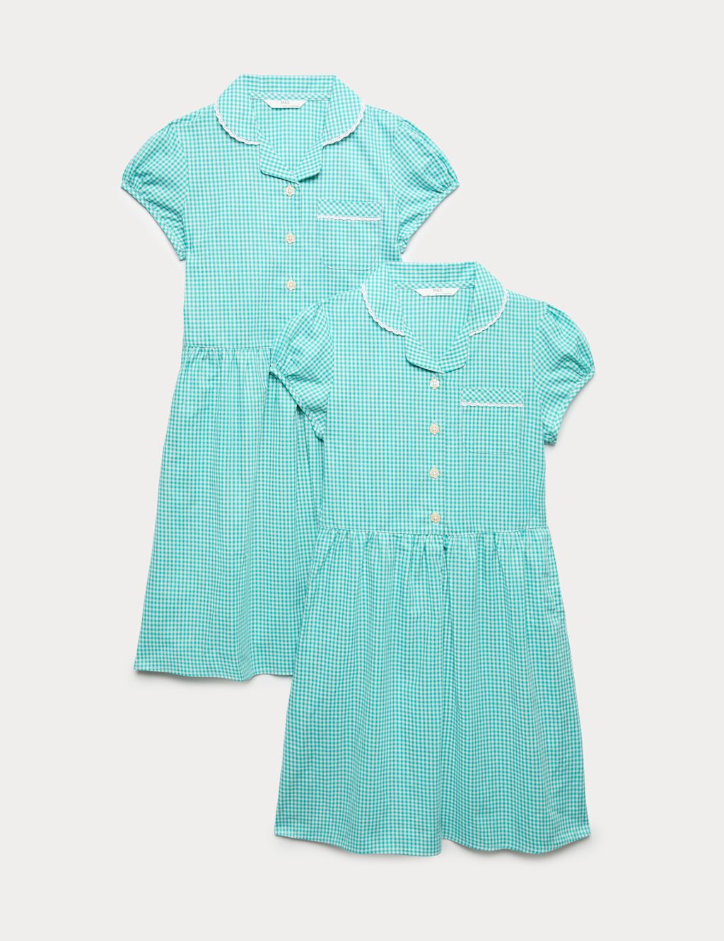 M&S 2 Pack Cotton Rich Gingham Dresses (2-14 Yrs) - 10-11 Years - Green, Green