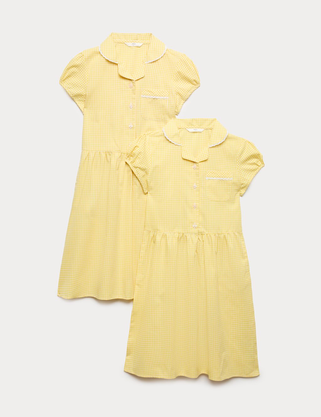 M&S 2 Pack Cotton Rich Gingham Dresses (2-14 Yrs) - 10-11 Years - Yellow, Yellow