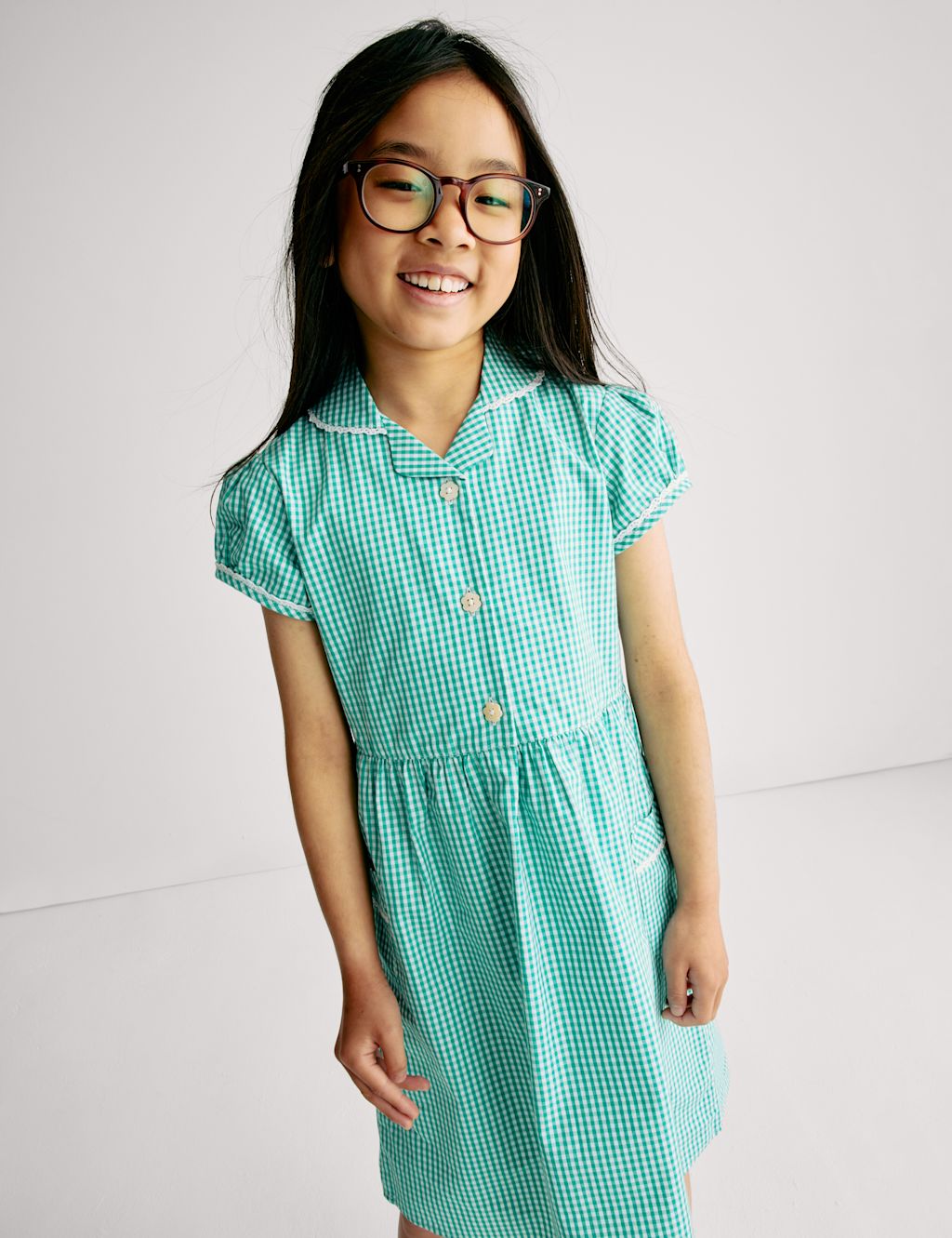 M&S Pure Cotton Gingham School Dress (2-14 Yrs) - 10-11 - Green, Green