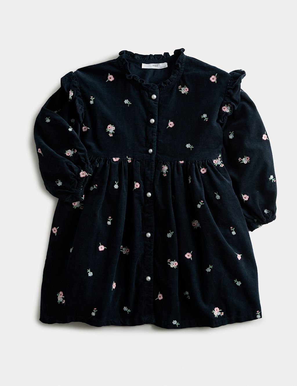 M&S Pure Cotton Embroidered Corduroy Dress (1-8 Yrs) - 6-7 Y - Navy Mix, Navy Mix