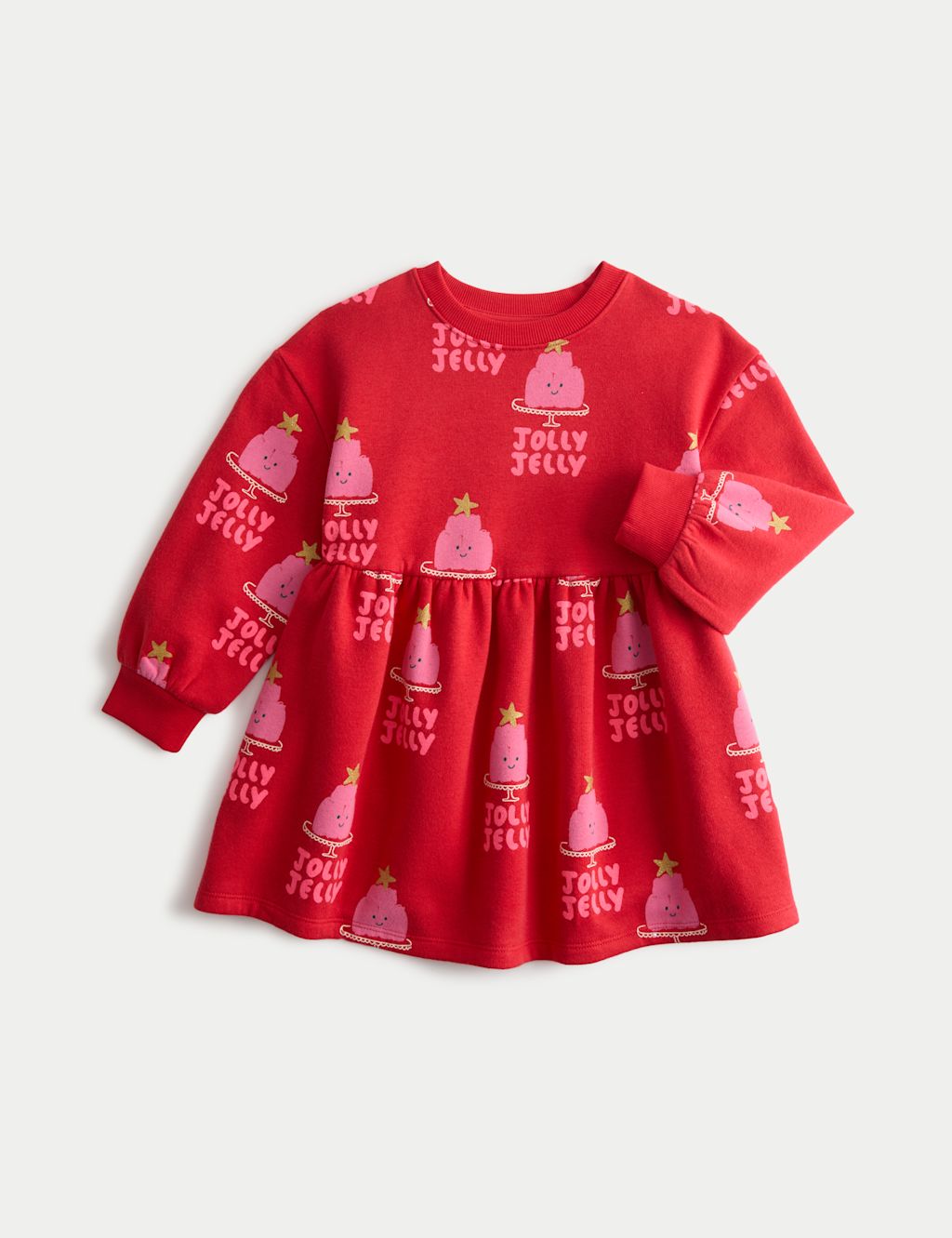 M&S Cotton Rich Christmas Sweat Dress (2-8 Yrs) - 2-3 Y - Red Mix, Red Mix