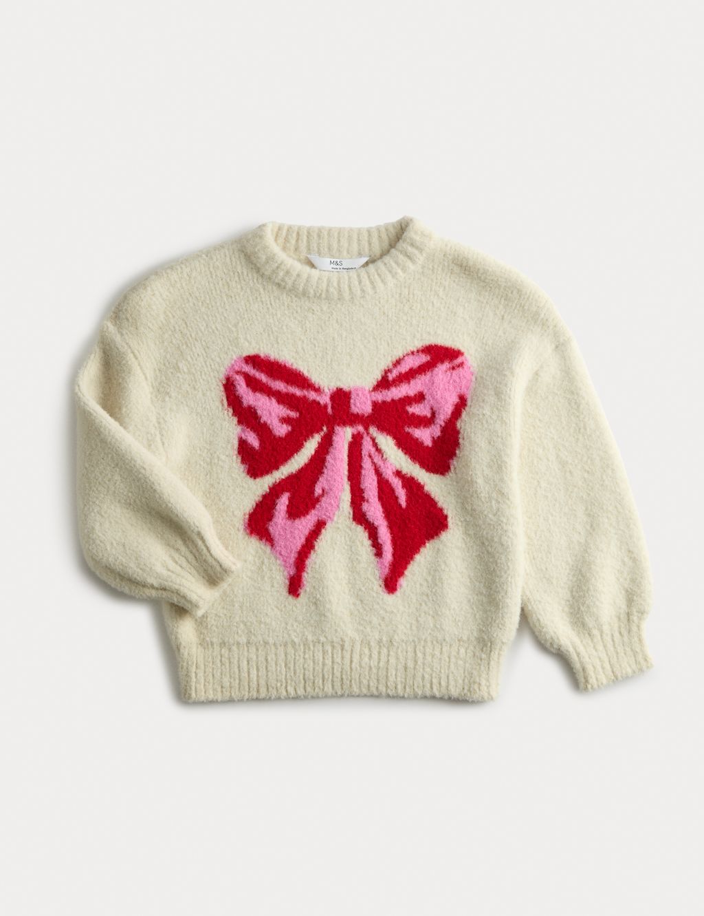 M&S Fluffy Bow Jumper (1-8 Yrs) - 3-4 Y - Ecru Mix, Ecru Mix