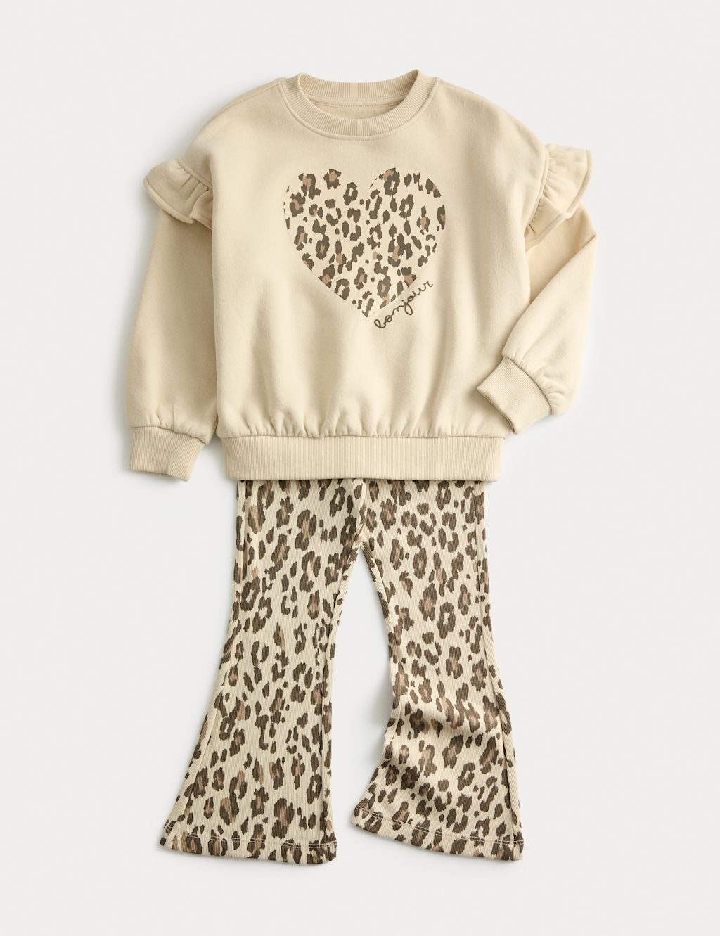 M&S 2pc Cotton Rich Kick Flare Outfit (1-8 Yrs) - 7-8 Y - Neutral, Neutral