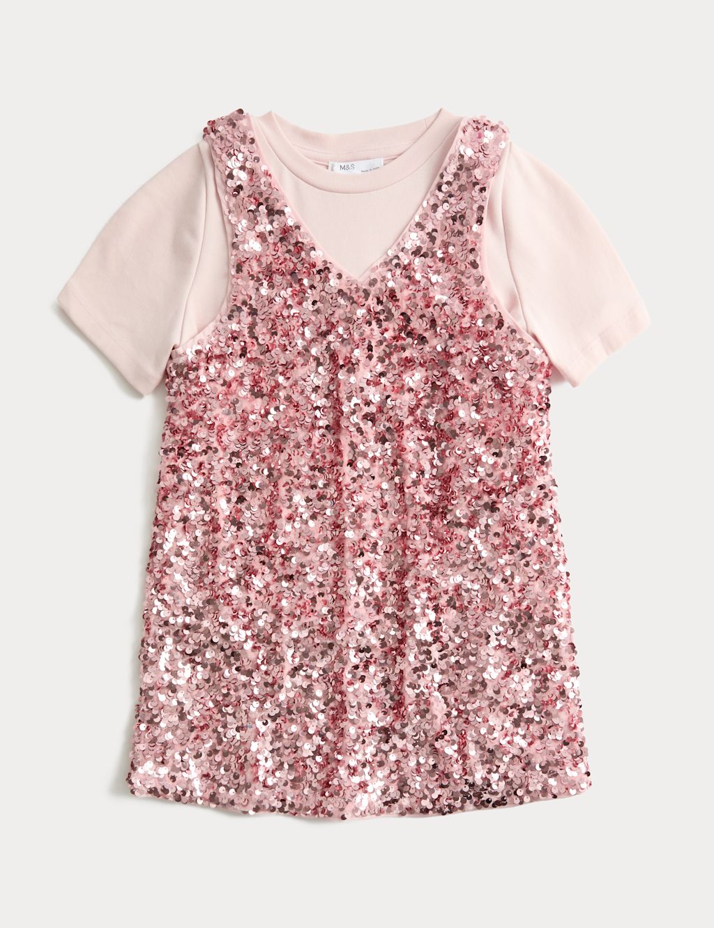 M&S 2 Piece Sequin Pinafore and T-Shirt (2-10 Yrs) - 2-3 Years - Light Pink, Light Pink