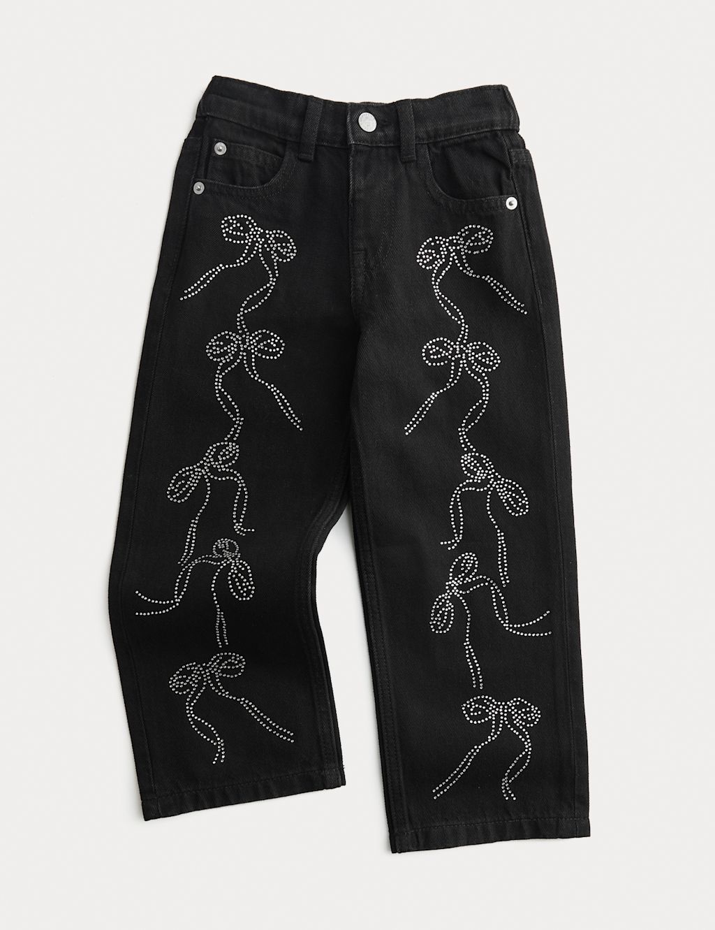 M&S Pure Cotton Denim Diamanté Bow Jeans (2-8 Yrs) - 6-7 Y - Black, Black