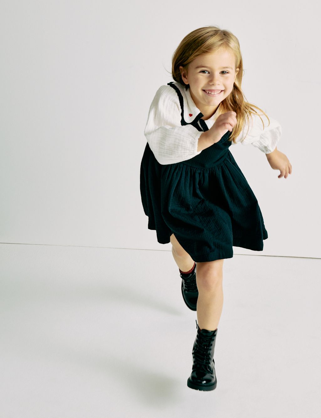 M&S 2pc Pure Cotton Collared Pinafore Dress Outfit (2-10 Yrs) - 6-7 Y - Black Mix, Black Mix