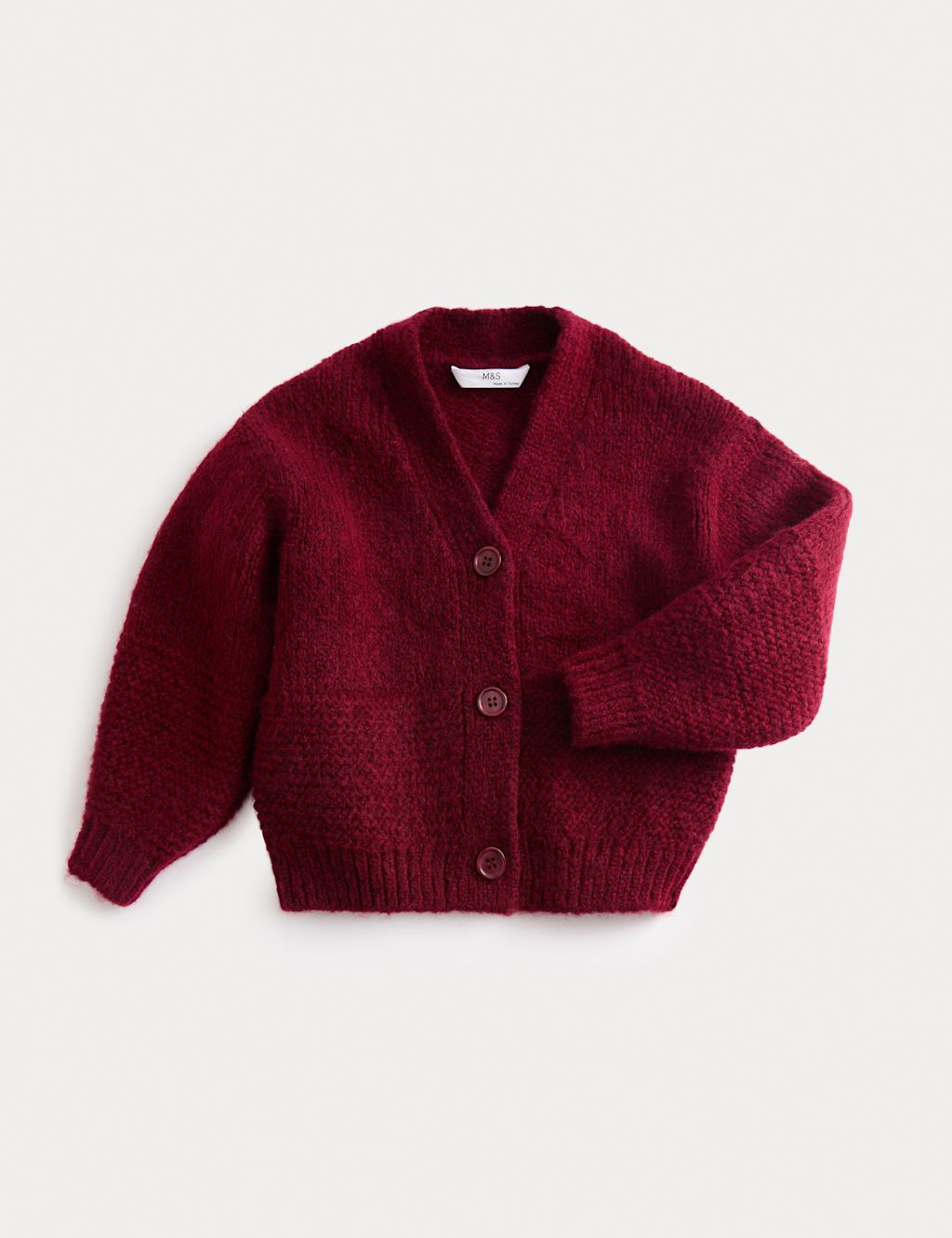 M&S Chunky Knit V-Neck Textured Cardigan (2-10 Yrs) - 2-3 Y - Dark Claret, Dark Claret