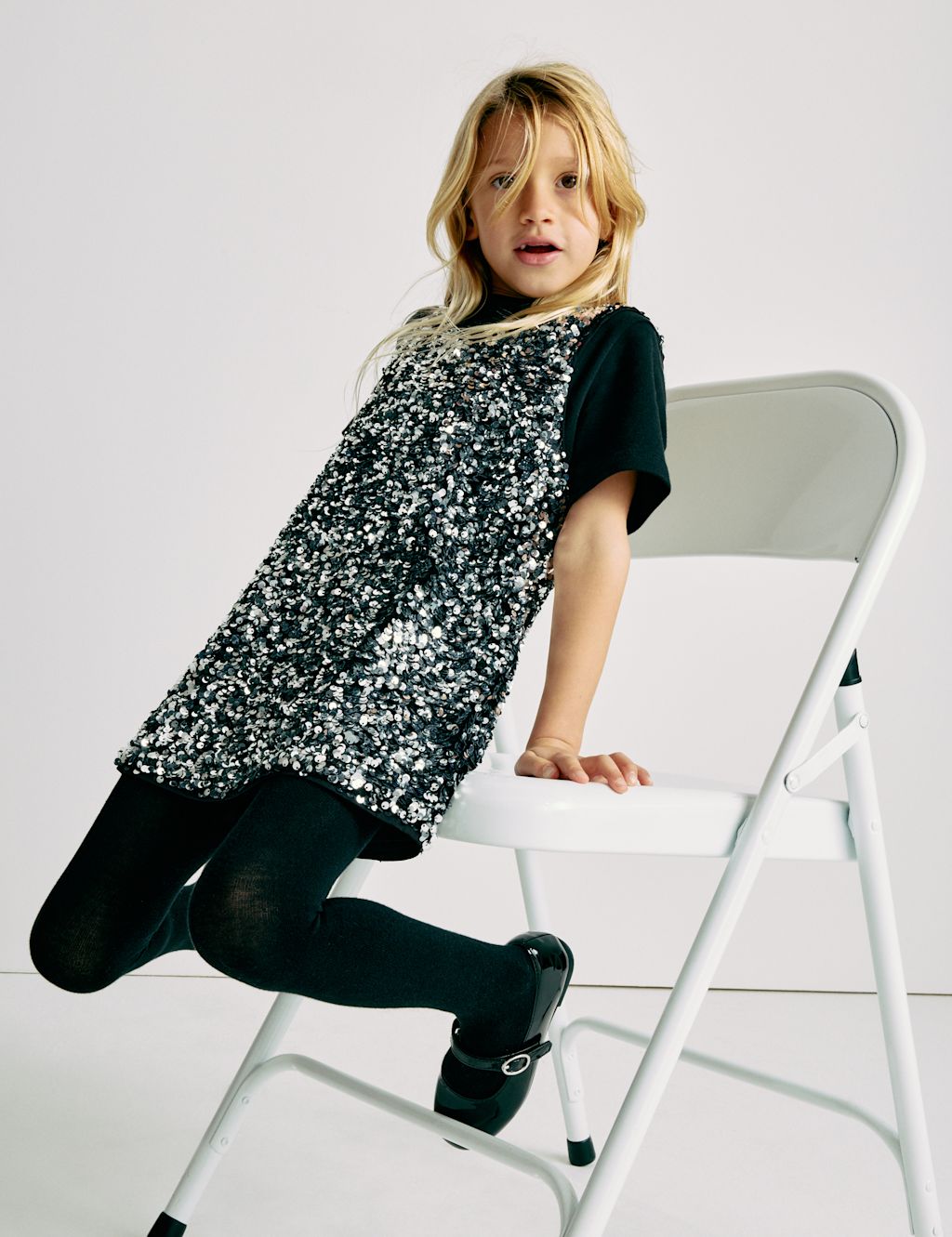 M&S 2pc Sequin Pinny Outfit (2-10 Yrs) - 5-6 Y - Dark Pewter, Dark Pewter