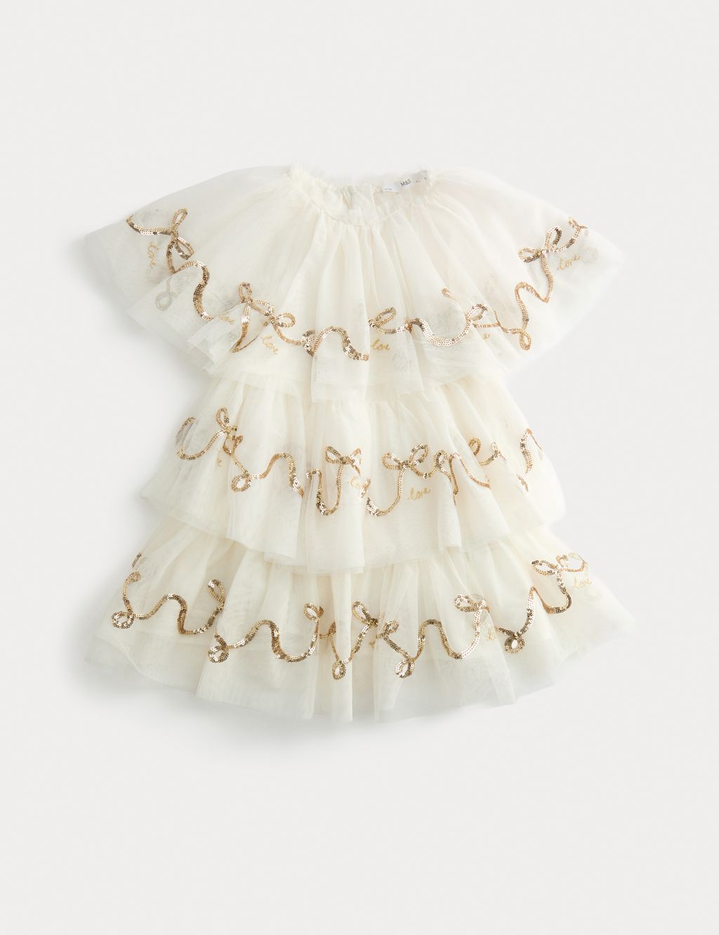M&S Sequin Tiered Mesh Dress (2-10 Yrs) - 8-9 Y - Ecru, Ecru