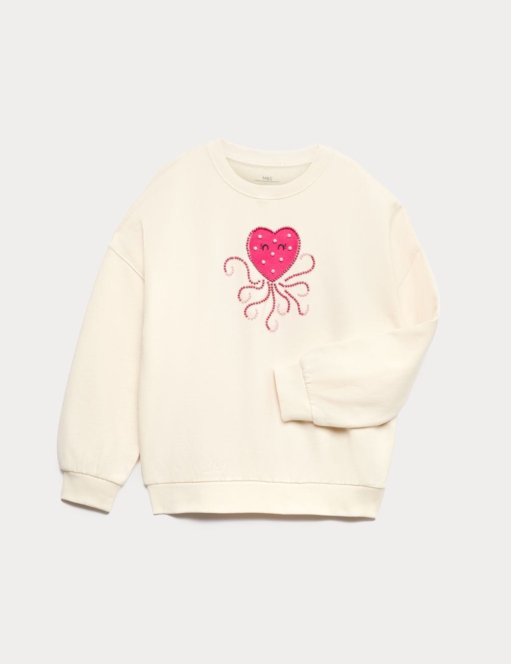 M&S Cotton Rich Heart Squid Sweatshirt (4-10 Yrs) - 4-5 Years - Light Cream, Light Cream