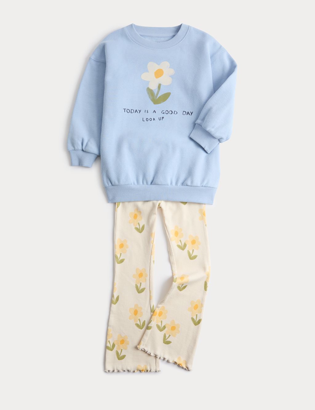 M&S Cotton Rich Floral Top & Bottom Outfit (2 - 7 Yrs) - 4-5 Years - Light Blue Mix, Light Blue Mix