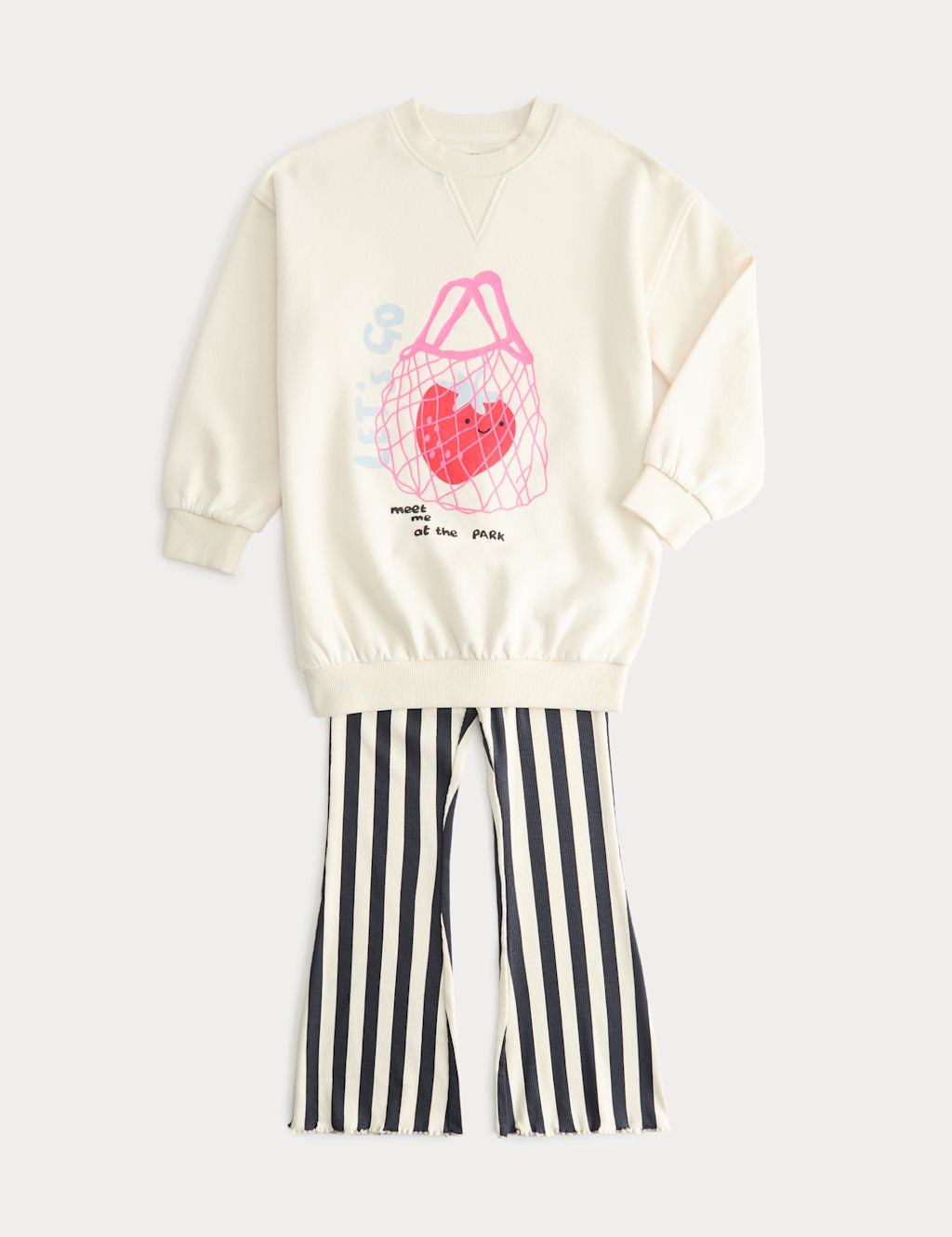 M&S 2 Piece Cotton Strawberry Kickflare Outfit (1-8 Yrs) - 4-5 Years - Ecru Mix, Ecru Mix