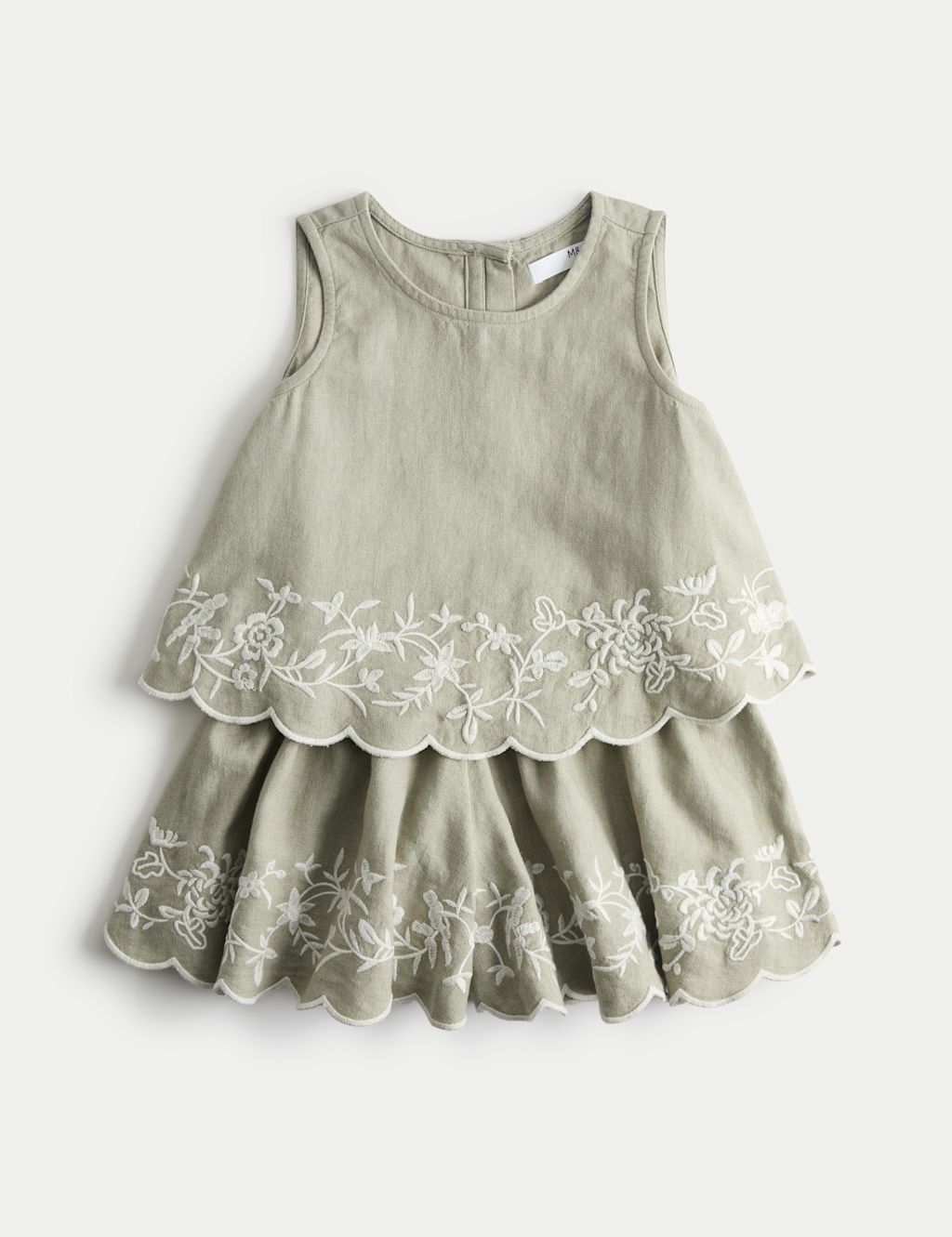 M&S Linen Blend Embroidered Outfit (2-10 Yrs) - 5-6 Years - Light Khaki, Light Khaki