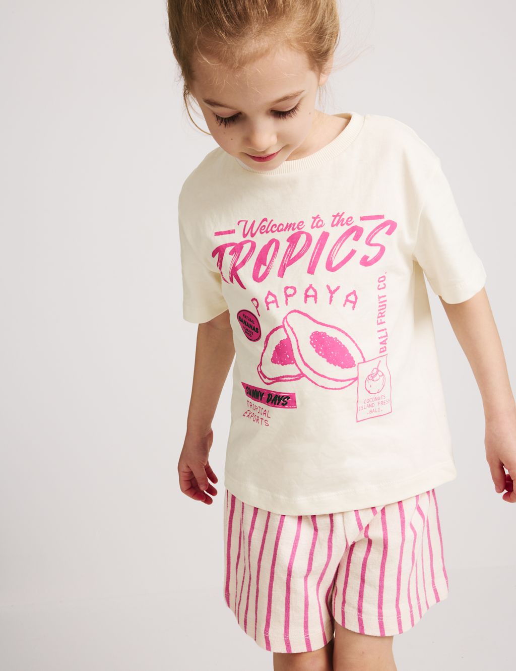 M&S Cotton-Rich Papaya T-Shirt and Shorts (2-8 Yrs) - 2-3 Years - Light Cream, Light Cream
