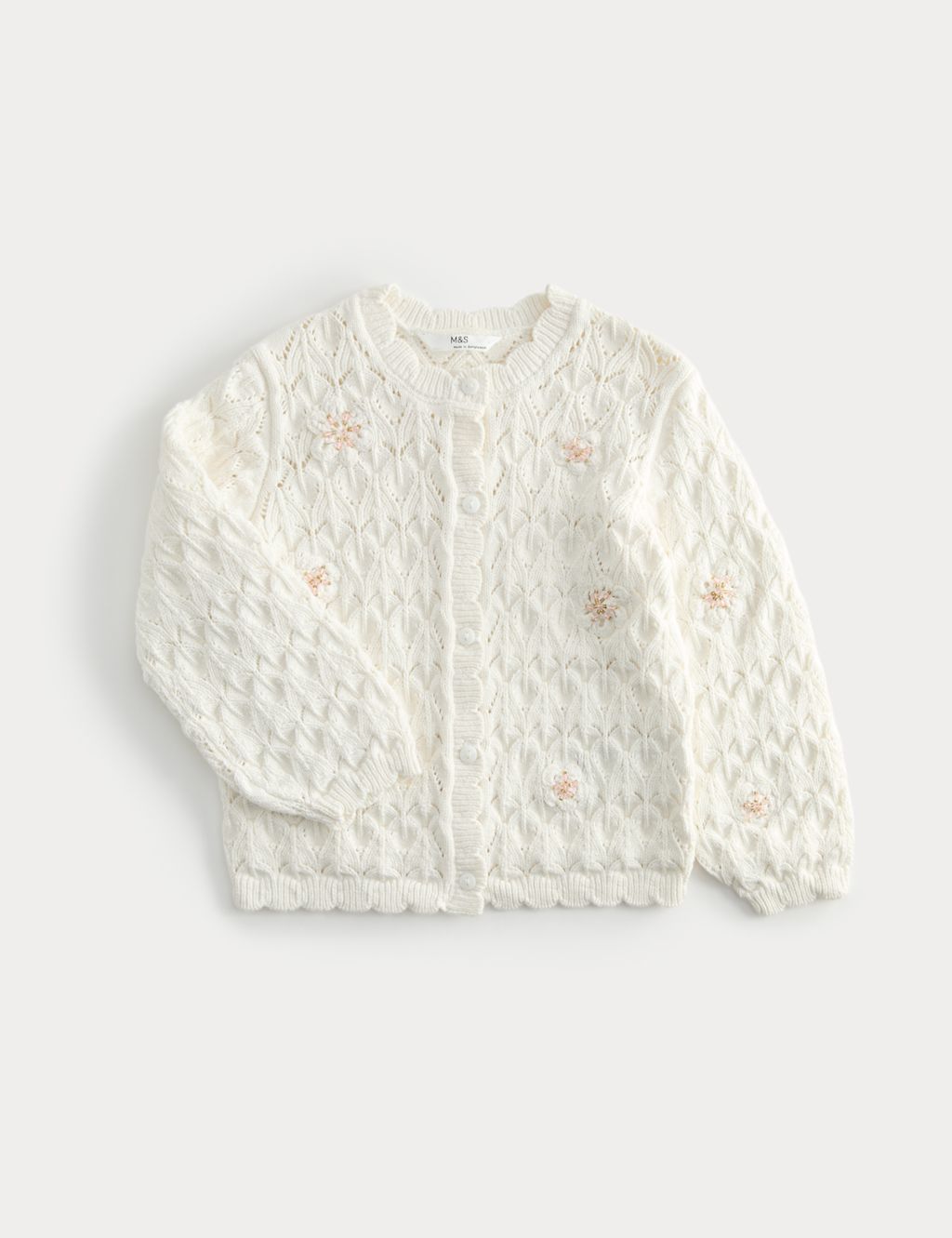 M&S Cotton Rich Floral Cardigan (4-10 Yrs) - 6-7 Years - Ivory, Ivory