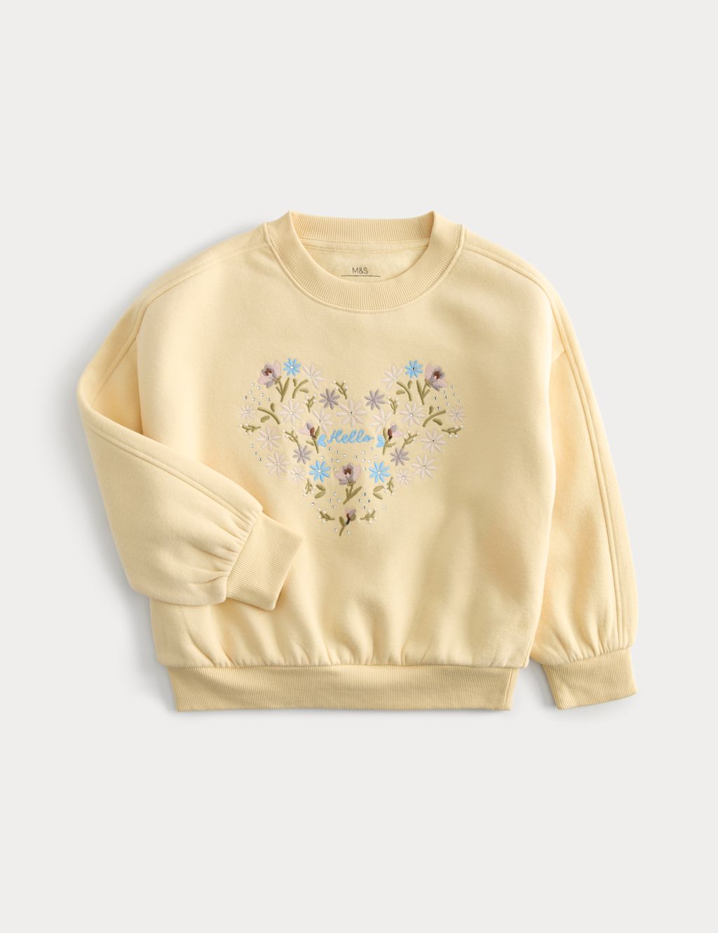M&S Cotton Rich Floral Heart Sweatshirt (2-8 Yrs) - 6-7 Years - Yellow, Yellow