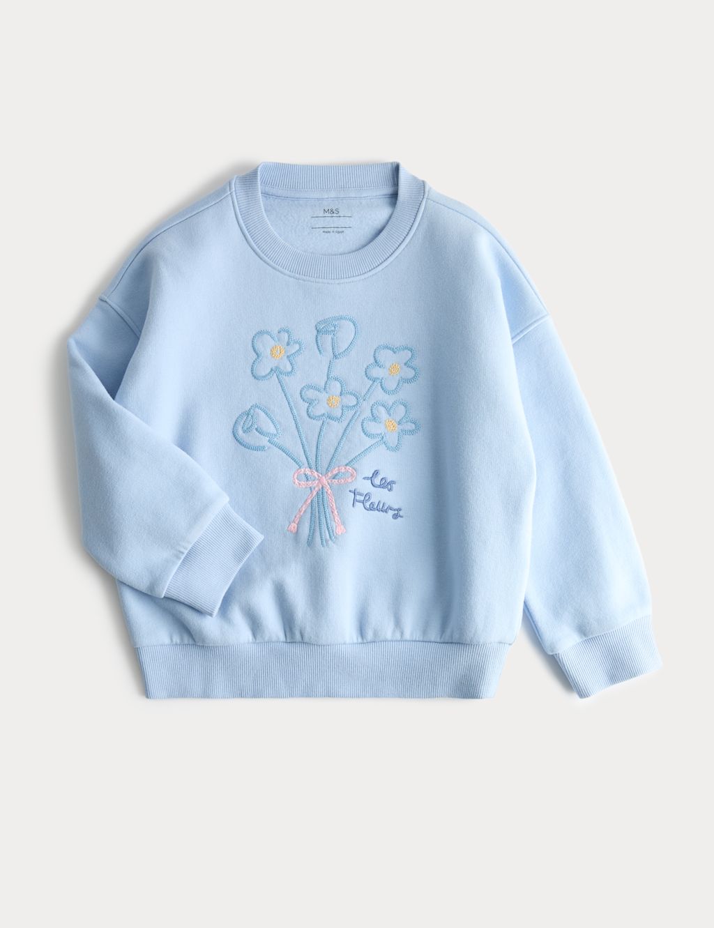 M&S Cotton Rich Embroidered Floral Sweatshirt (2-8 Yrs) - 3-4 Years - Light Steel Blue, Light Steel Blue