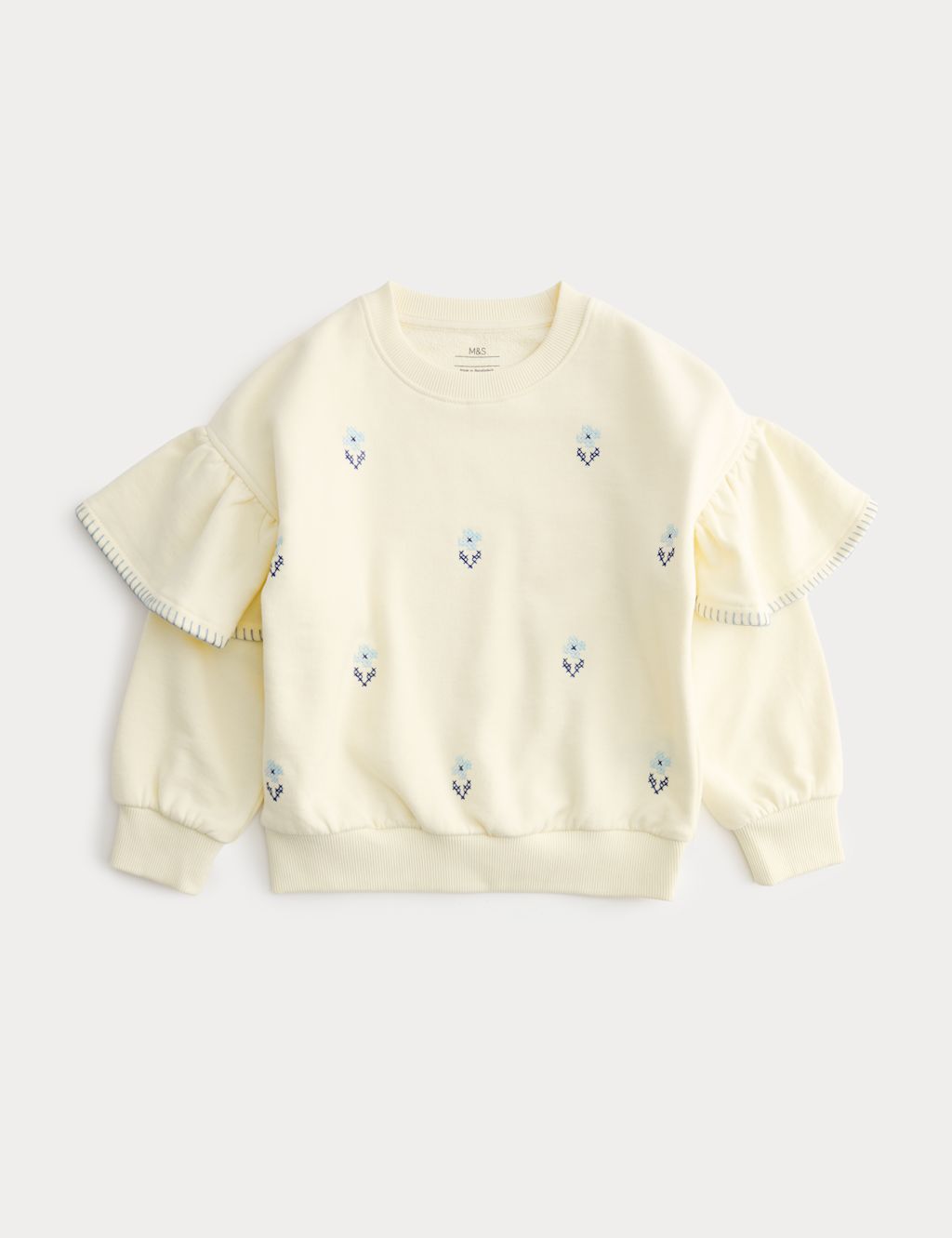 M&S Cotton Rich Cross Stitch Frill Sweatshirt (2-8 Yrs) - 3-4 Years - Pale Yellow, Pale Yellow