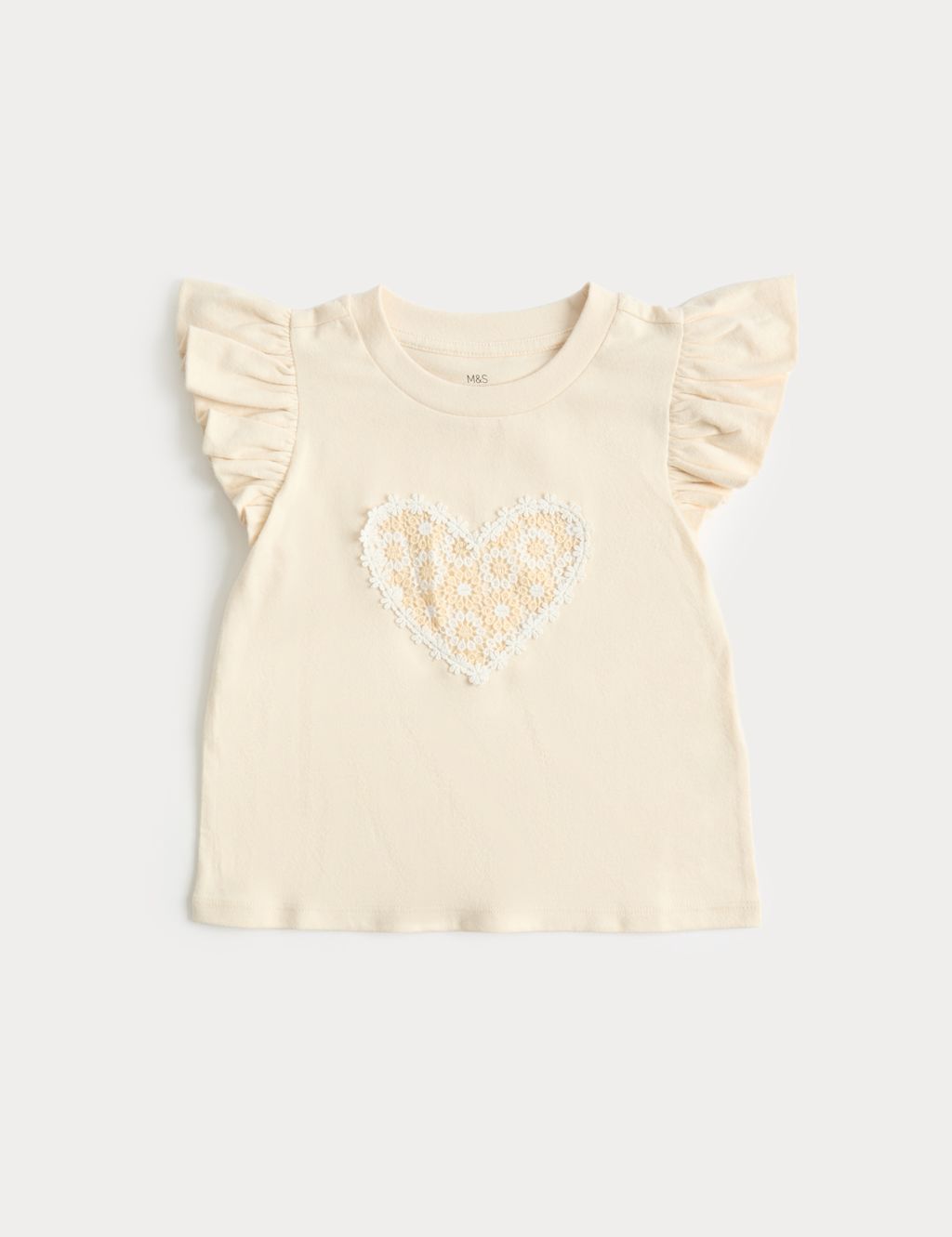 M&S Pure Cotton Broderie Frill Heart Top (2-8 Yrs) - 7-8 Years - Light Cream, Light Cream