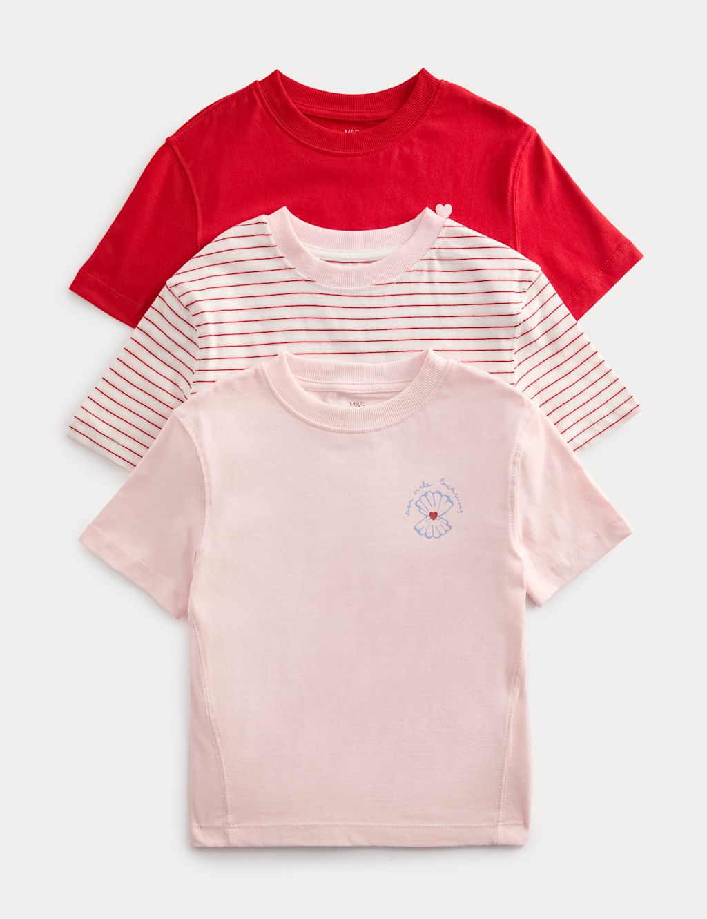 M&S 3 Pack Pure Cotton Seaside Tops (2-8 Yrs) - 4-5 Years - Pale Pink, Pale Pink
