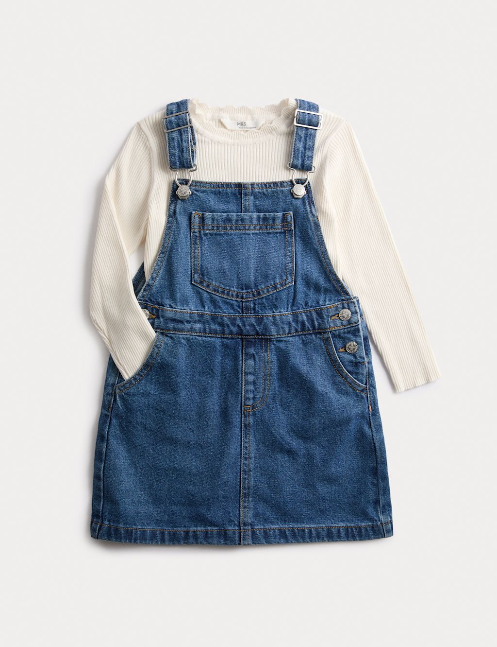 M&S 2pc Pure Cotton Denim Pinafore Outfit (2-8 Yrs) - 6-7 Y - Dark Denim, Dark Denim