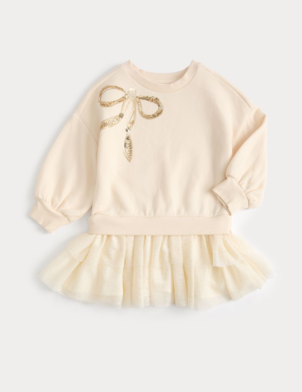 M&S Cotton Rich Sequin Bow Tulle Sweat Dress (2-8 Yrs) - 2-3 Years - Ivory, Ivory