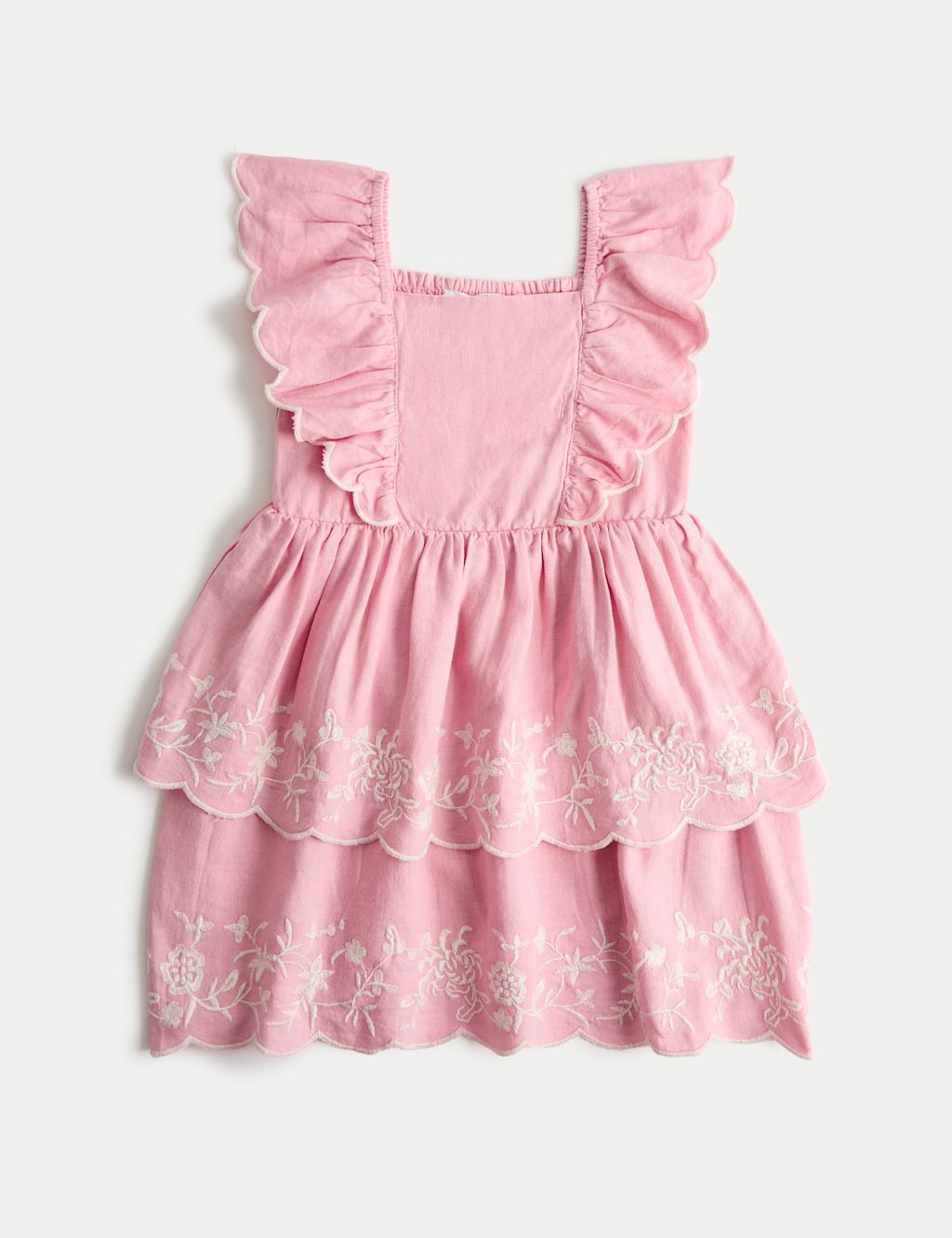 M&S Linen Rich Floral Embroidered Frill Dress (2-10 Yrs) - 3-4 Years - Antique Rose, Antique Rose