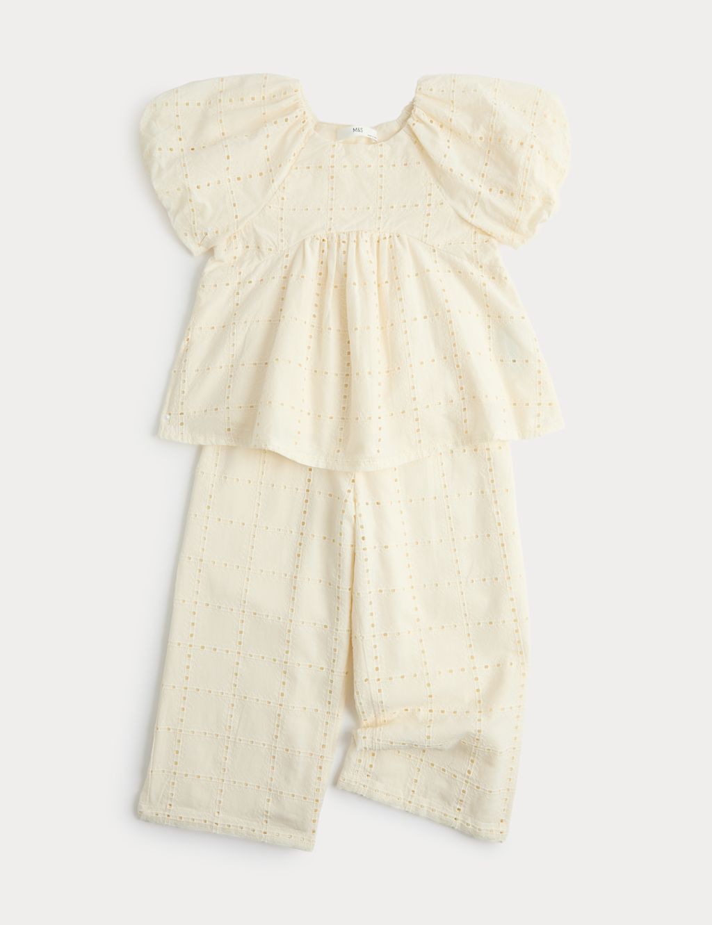 M&S 2 Piece Pure Cotton Shirred Trouser Outfit (2-10 Yrs) - 2-3 Years - Ecru, Ecru