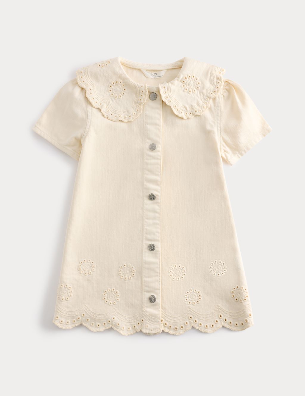 M&S Cotton Rich Broderie Collar Dress (2-10 Yrs) - 2-3 Years - Light Cream, Light Cream