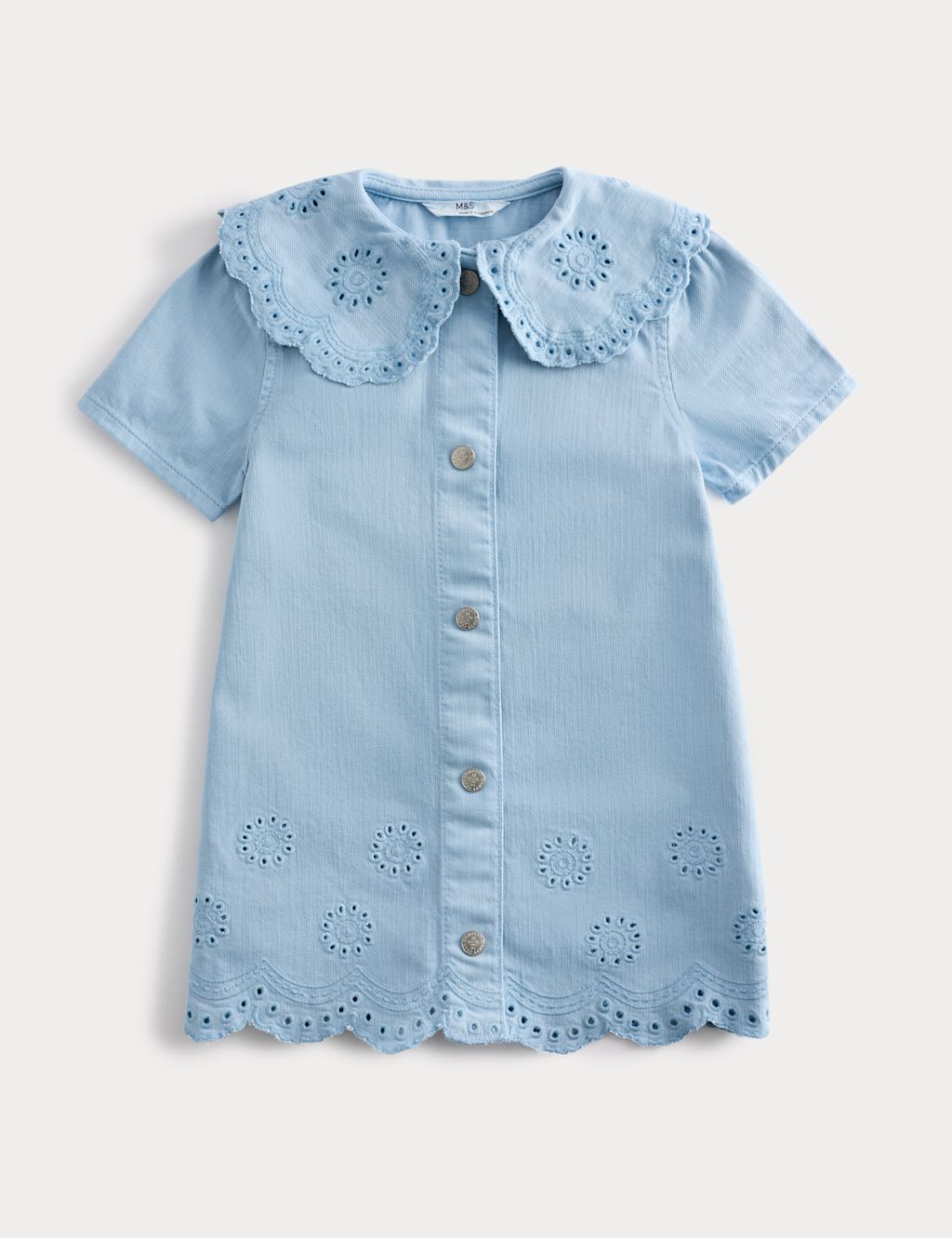 M&S Cotton Rich Broderie Collar Dress (2-10 Yrs) - 2-3 Years - Powder Blue, Powder Blue