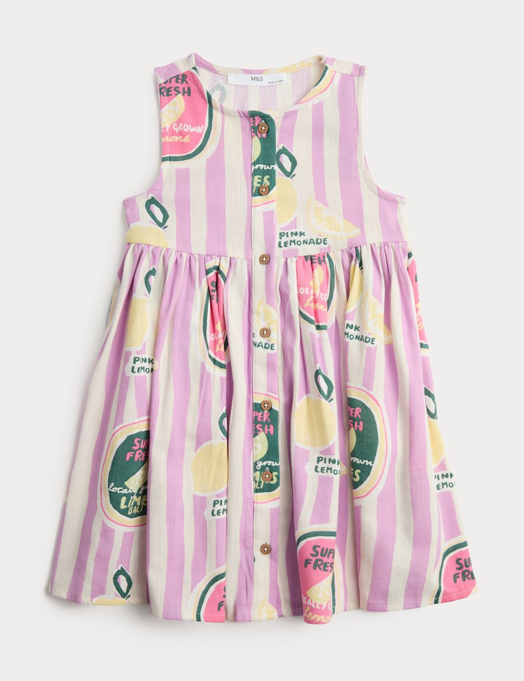 M&S Cotton Rich Fruit Print Striped Woven Dress (2-10 Yrs) - 2-3 Years - Multi, Multi