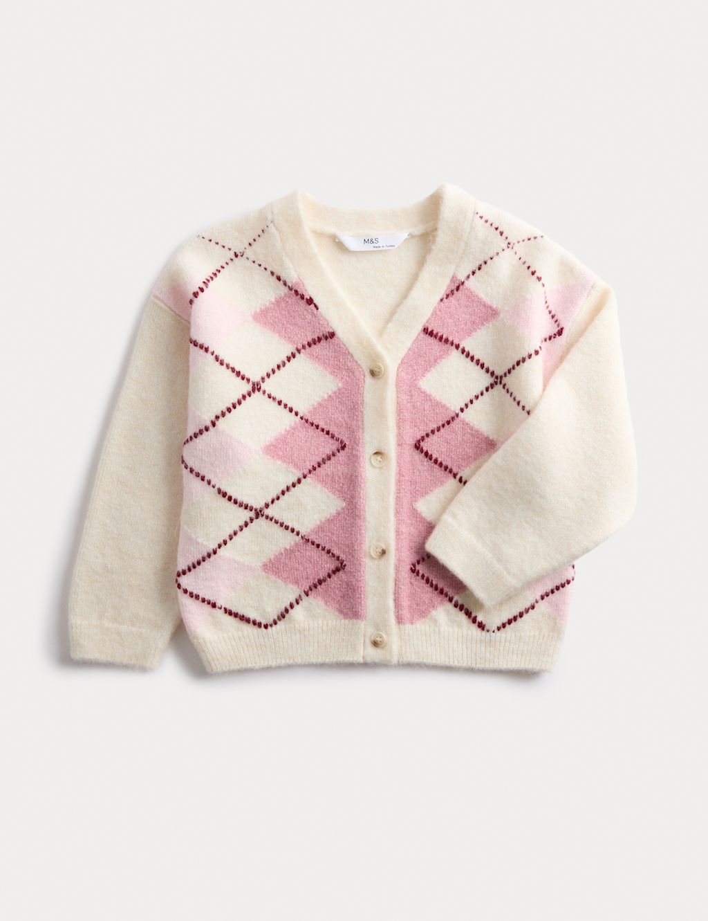 M&S Argyle Cardigan (2-8 Yrs) - 3-4 Y - Pink Mix, Pink Mix