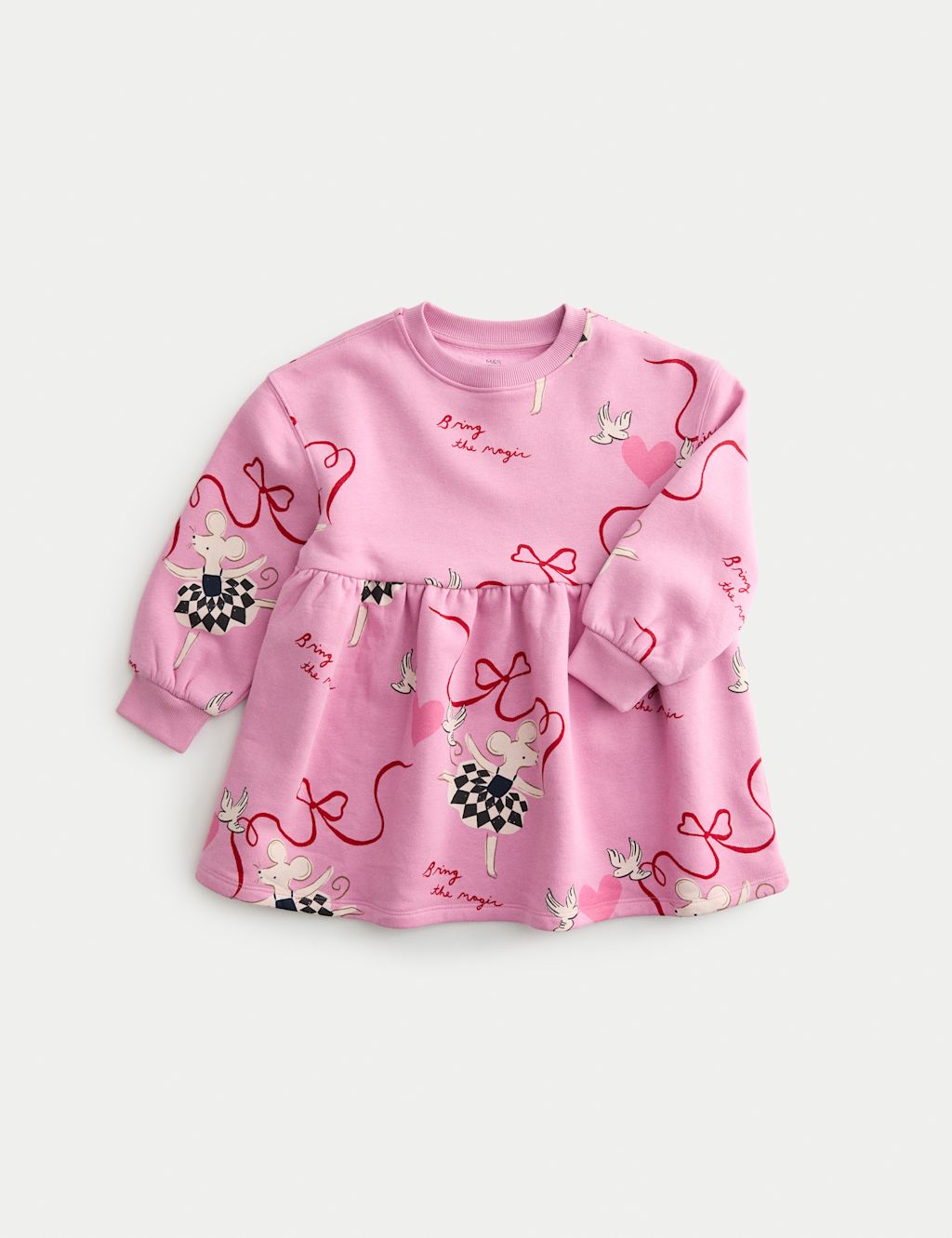 M&S Cotton Rich Printed Sweatshirt Dress (2-8 Yrs) - 2-3 Y - Rose, Rose
