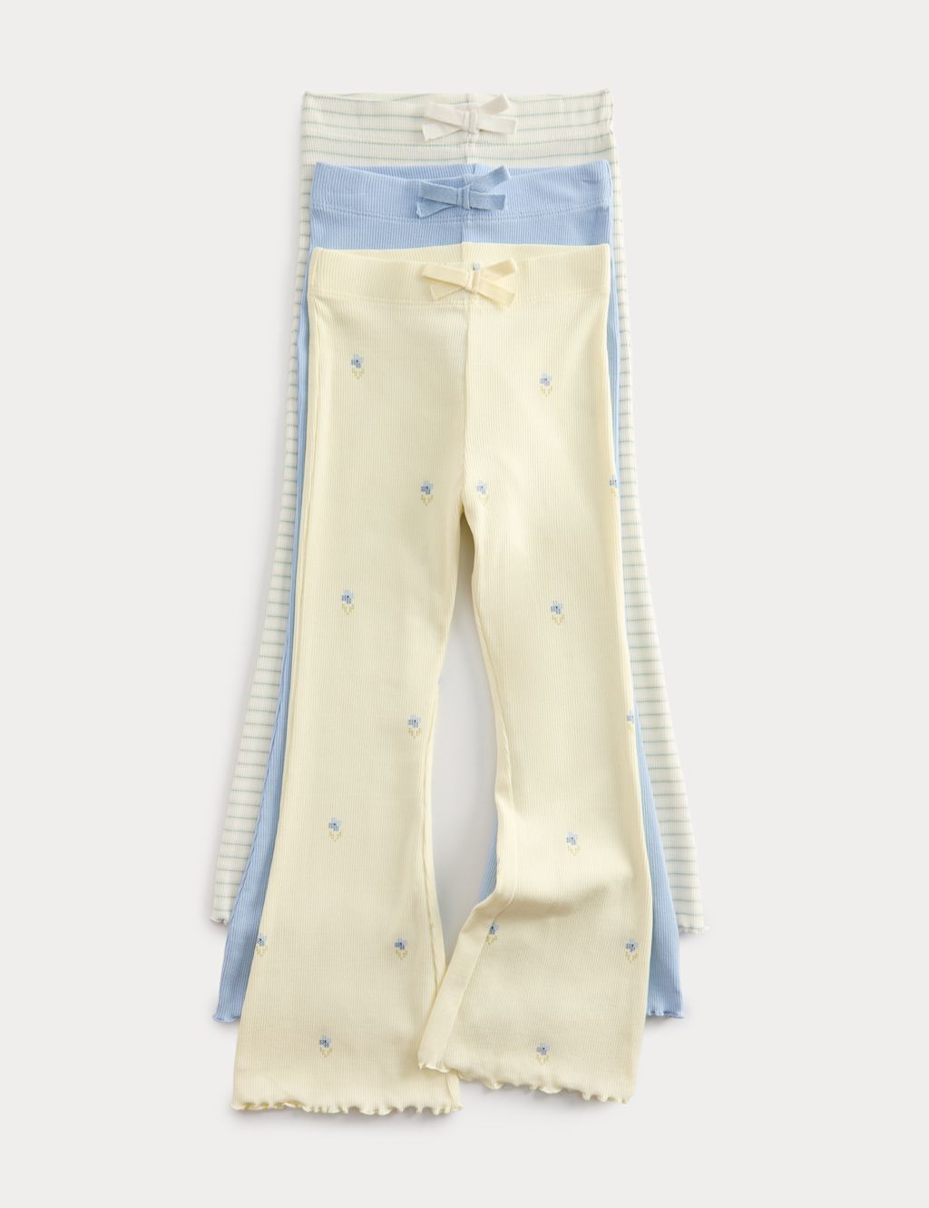 M&S 3 Pack Cotton Rich Floral & Striped Leggings (2-8 Yrs) - 3-4 Years - Pale Yellow, Pale Yellow
