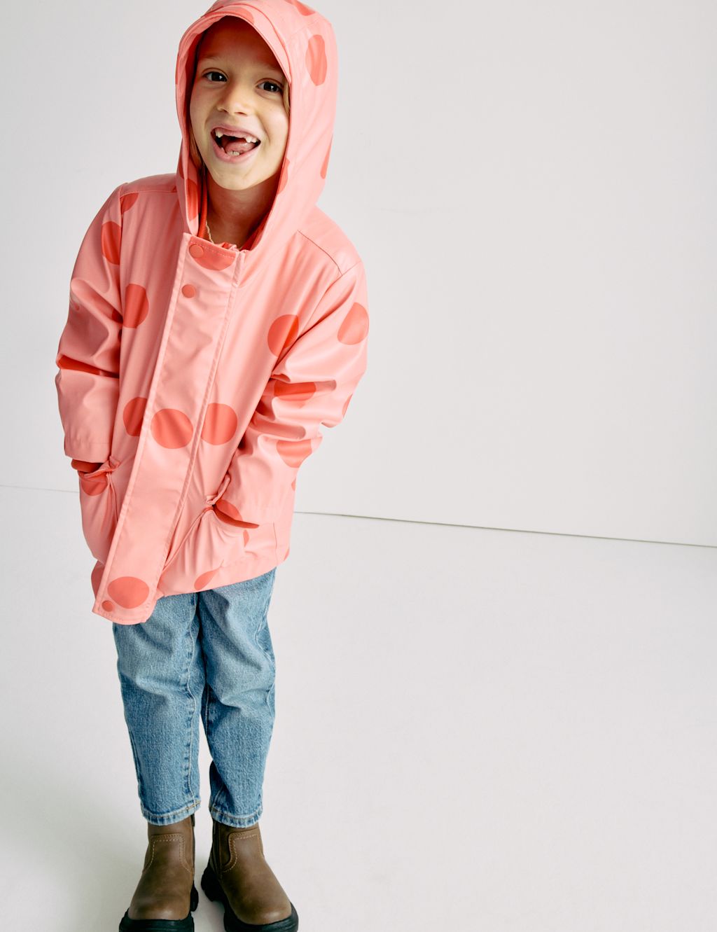 M&S 3 in 1 Polka Dot Fisherman Coat (2-8 Yrs) - 5-6 Years - Medium Coral, Medium Coral